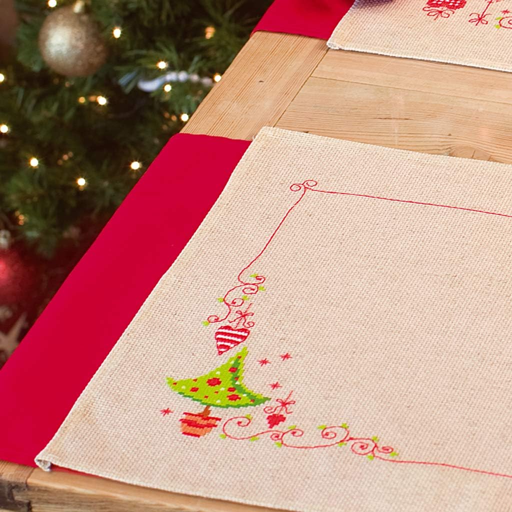 Vervaco Cross Stitch Placemat Kit (2 Set) Christmas Tree and Hearts 13" x 17"
