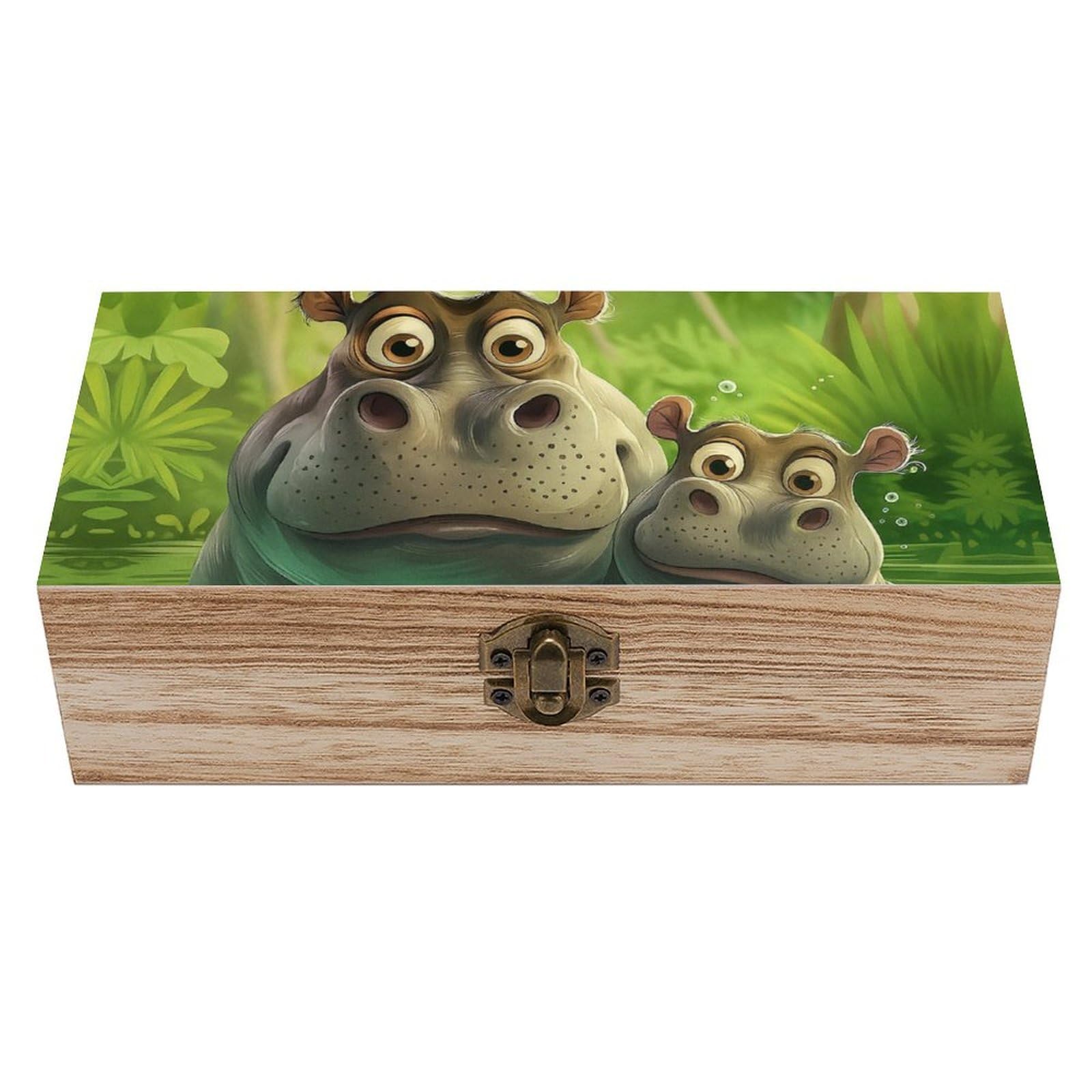 SMAZDFXX Cute Cartoon Hippo in Jungle Wooden Storage Box Multipurpose Decorative Box for Jewelry Photo Home Decor