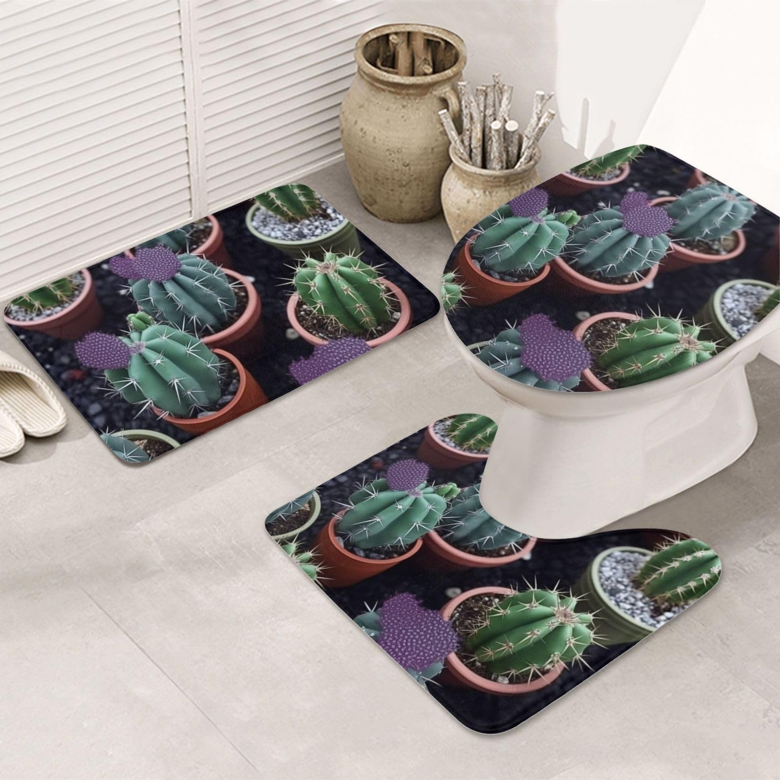 Dwrepo Cactus Succulent Plant Print Bathroom Rug Set 3 Piece with Non-Slip U-Shaped Contour Mat and Toilet Lid Cover for Bathroom Decoration