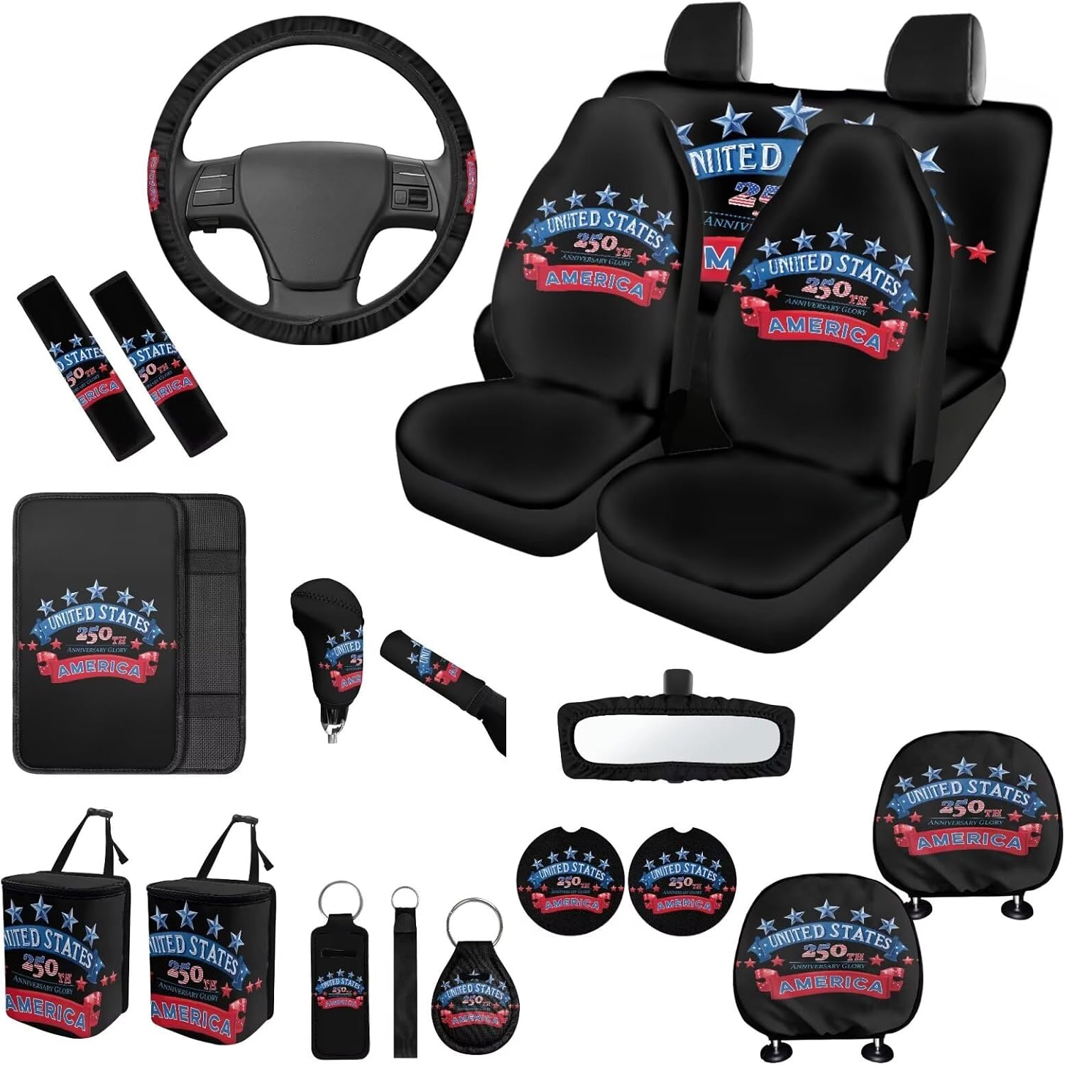 Black Star 18 Pcs Car Interior Accessories Set for Holiday Decor Universal Full Set Seat Covers 15" Steering Wheel Cover Non-Slip Headrest Covers Seat Belt Pads for Cars SUVs Trucks