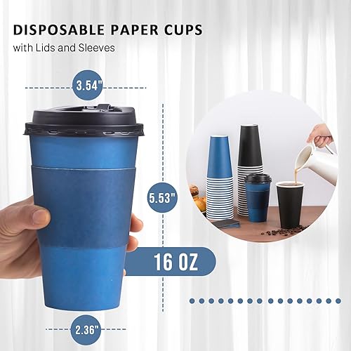 Miniatura 2 de SIUQ Paquete de 100 tazas de café desechables de 16 onzas con tapas y mangas, vasos de papel para bebidas calientes y frías, café, agua, chocolate