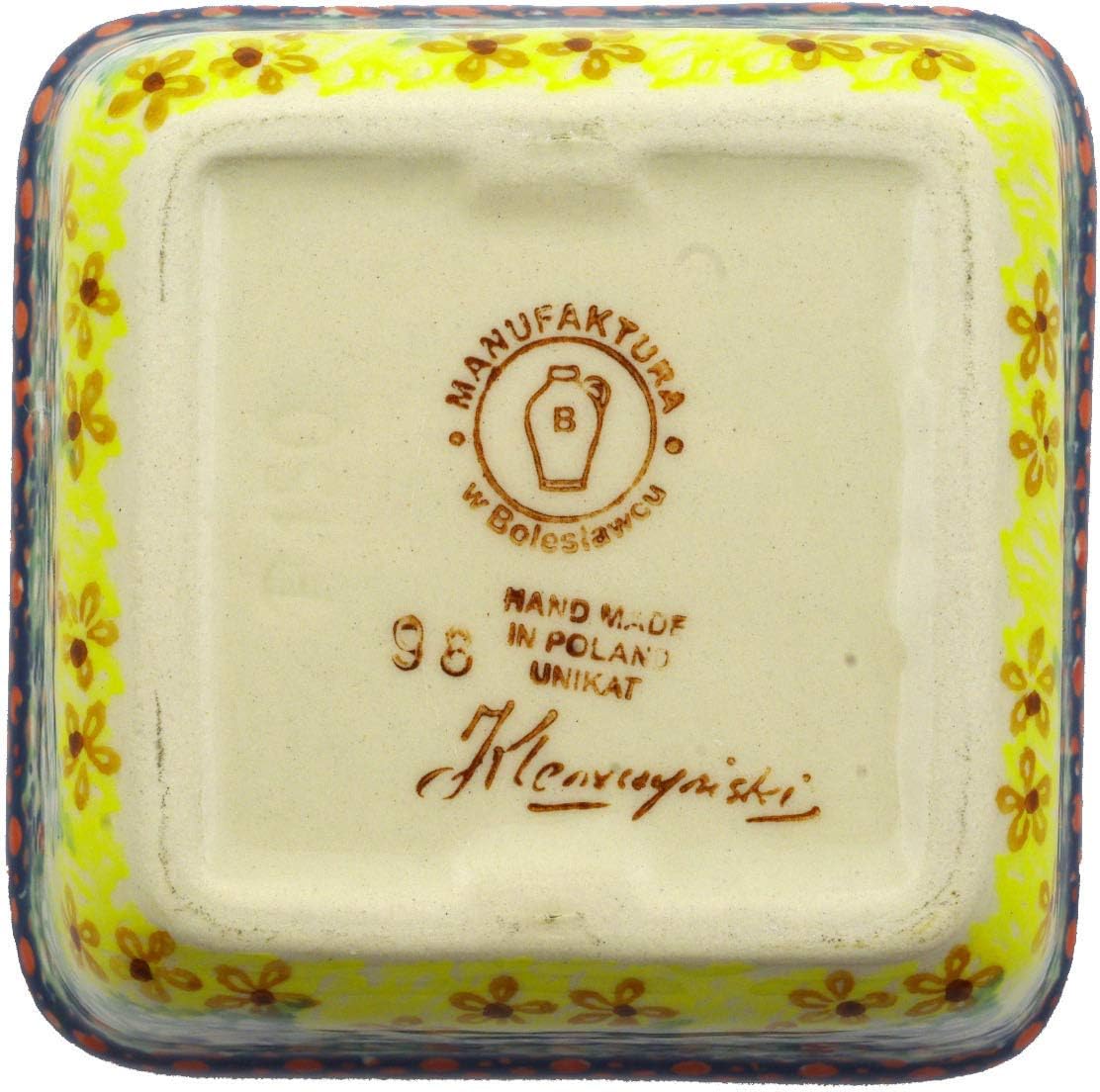 Polmedia Polish Pottery Square Bowl 4-inch - Peacock Eyes Pattern Handmade in Boleslawiec Poland + Certificate of Authenticity