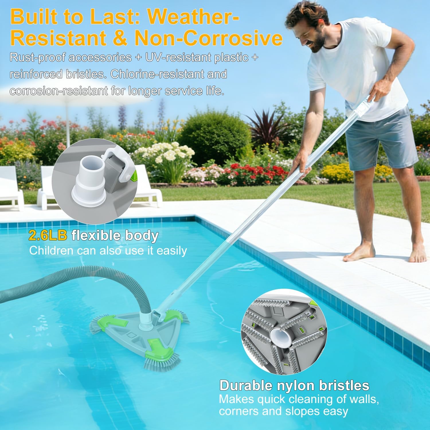 Weighted Triangular Pool Vacuum Head with Side Brushes, 13.5" Manual Pool Cleaner Head, Fit for 1.25" & 1.5" Hose, Cleaning for Above Ground & Inground Swimming Pools, Vinyl Liner Floor, Step, Corner