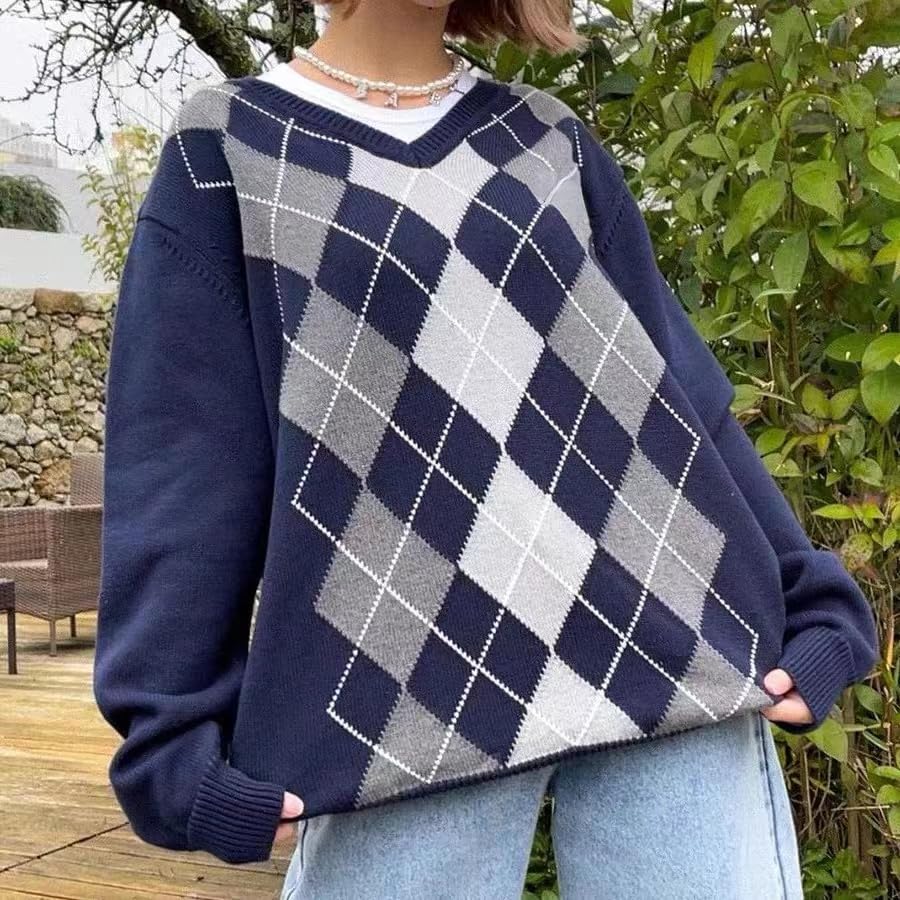 Womens Argyle Striped Sweater Preppy Oversized V Neck Pullover Sweaters Old Money Aesthetic Clothing Women2