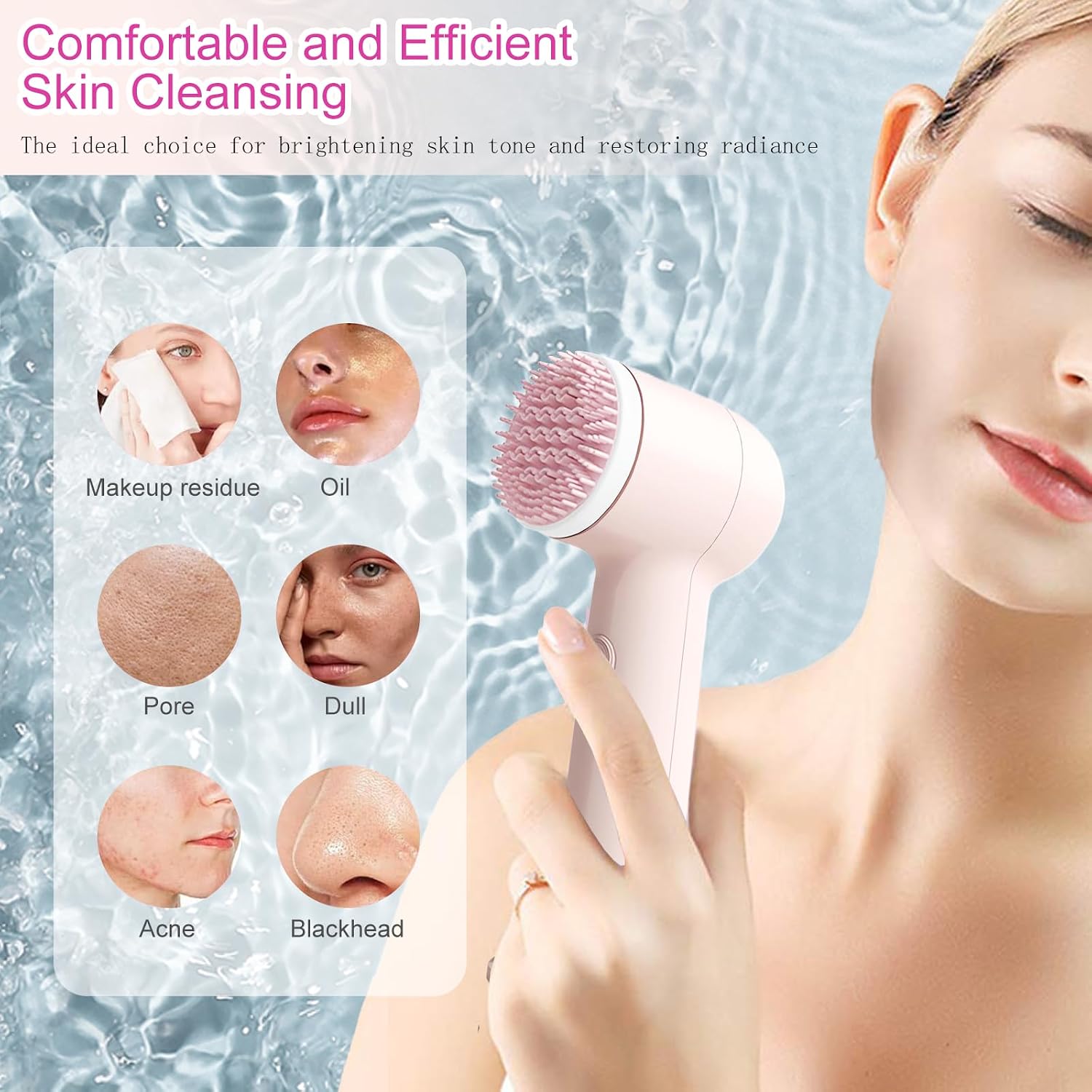 Electrical Facial Cleansing Brush, Multi-Function Face Wash Brush with Base and 2 Brush Heads, Portable Face Scrubber for Deep Skin Cleaning and Gentle Exfoliating (Pink)