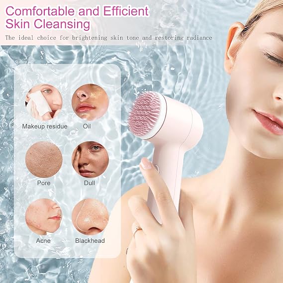 Electrical Facial Cleansing Brush, Multi-Function Face Wash Brush with Base and 2 Brush Heads, Portable Face Scrubber for Deep Skin Cleaning and Gentle Exfoliating (Pink)
