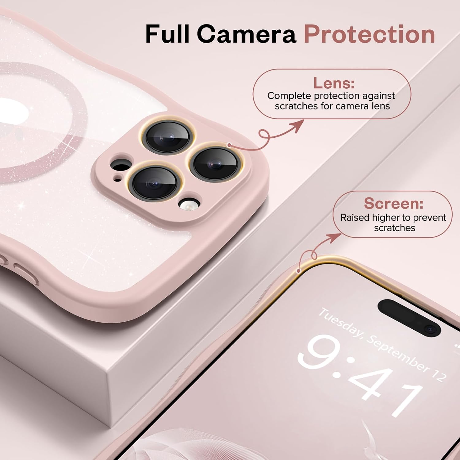 GVIEWIN for iPhone 16 Pro Case Compatible with Magsafe, [Full Camera Protection] [Not Yellowing] Wavy Frame Shockproof Gradient Glitter Slim Women Phone Cover with Camera Control, Champagne