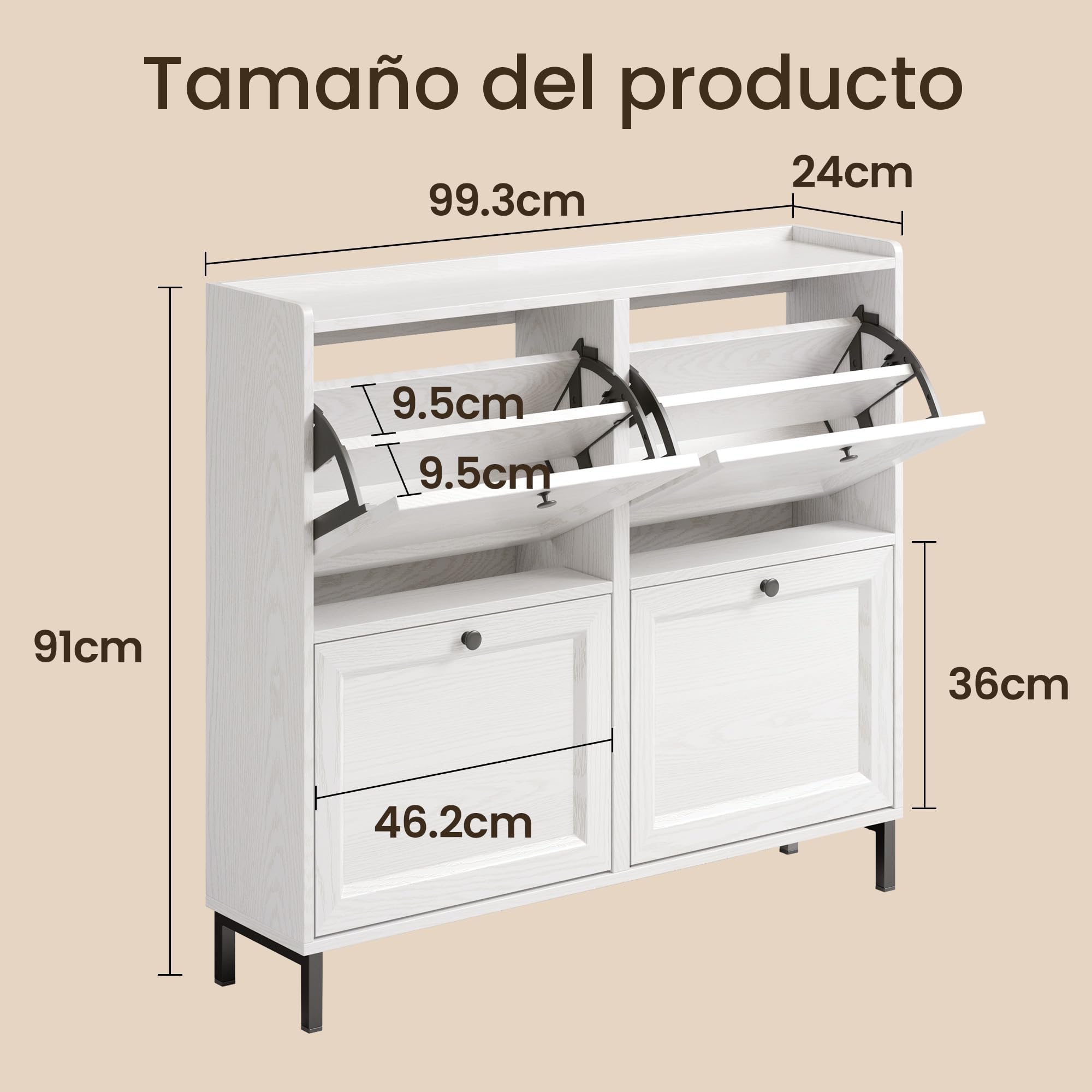 Bealife Zapatero Estrecho, Zapatero 4 Puertas para Entrada o Pasillo Abatibles y Estantes Ajustables para 16 Pares de Zapatos, 99.3x24x91 cm, Color Blanco