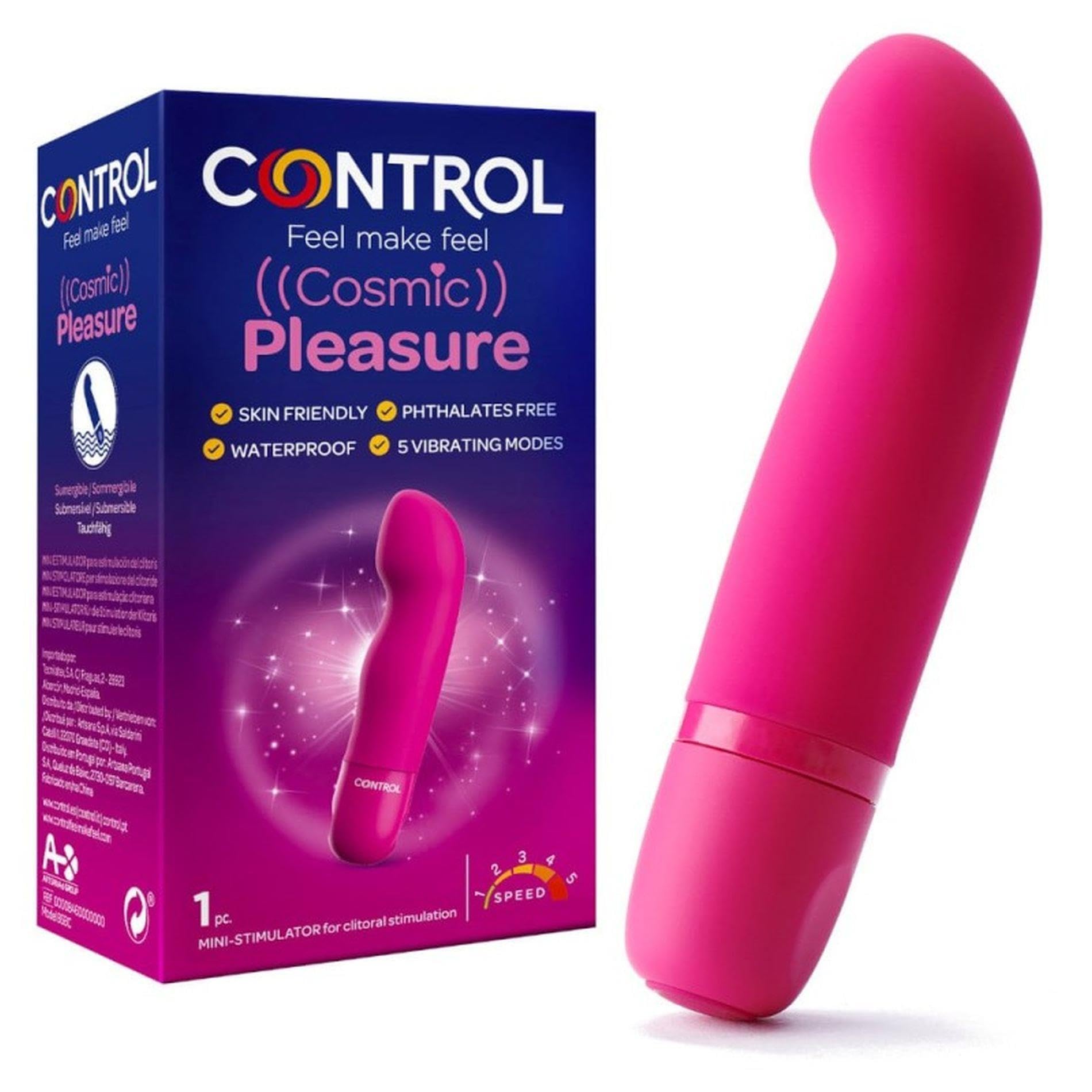 Control Cosmic Pleasure, Mini Stimolatore con Design a Curva, Silicone medico senza Ftalati e Skin Friendly, Impermeabile e sommergibile (IPX7)