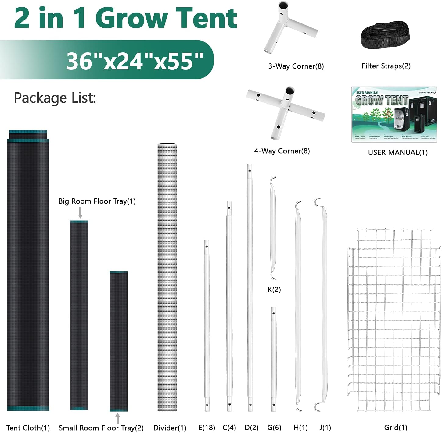 MARS HYDRO 2 in 1 Grow Tent, 36"x24"x55", 3x2 Reflective Mylar Grow Tents with Removable Floor Tray for Indoor Plant Growing Room for TS600/TS1000/SP150