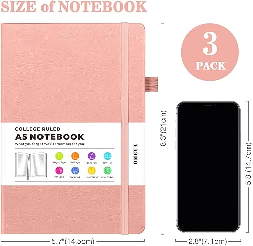 Miniatura 5 de Cuaderno rayado, paquete de 3 cuadernos A5 con rayas universitarias para el trabajo, cuadernos de tapa dura cada uno con 2 bolsillos y bolígrafo,