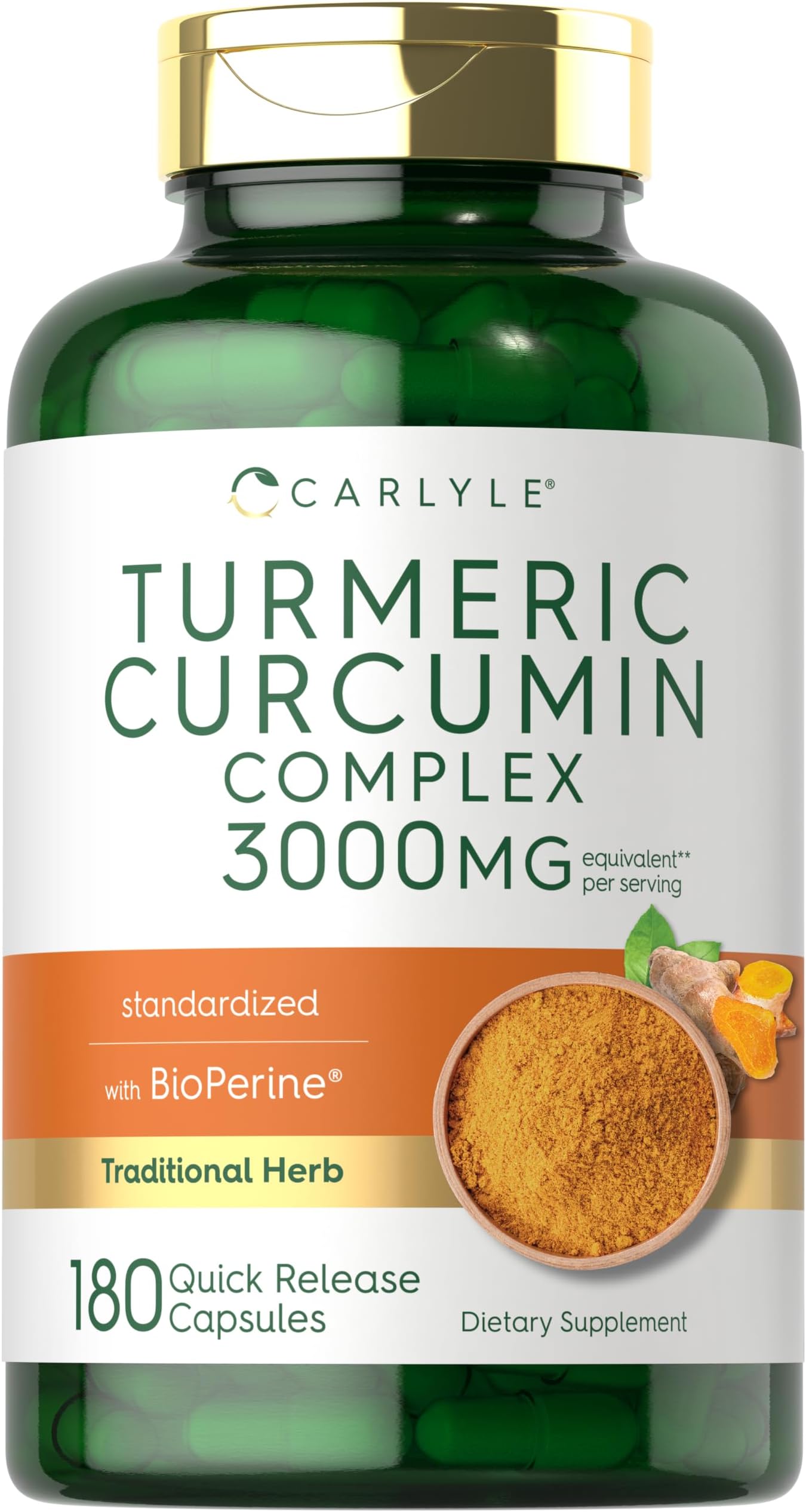 Carlyle Turmeric Curcumin Supplement | 180 Capsules | with Black Pepper