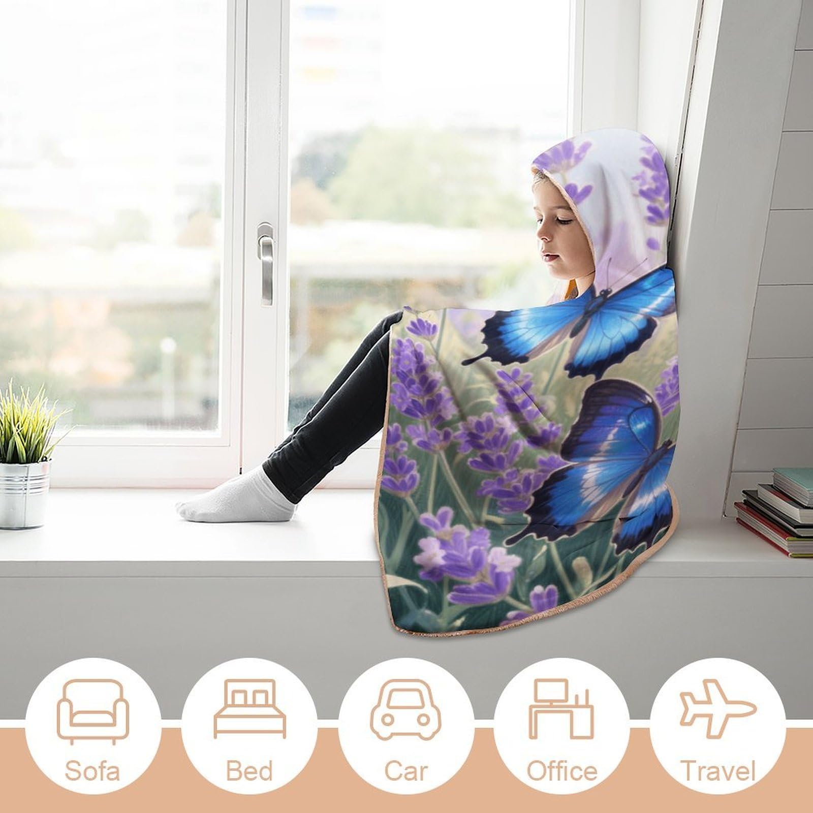 Manta poncho envolvente de gran tamaño, suave y cálida, manta para adultos, manta de mariposa azul voladora con capucha