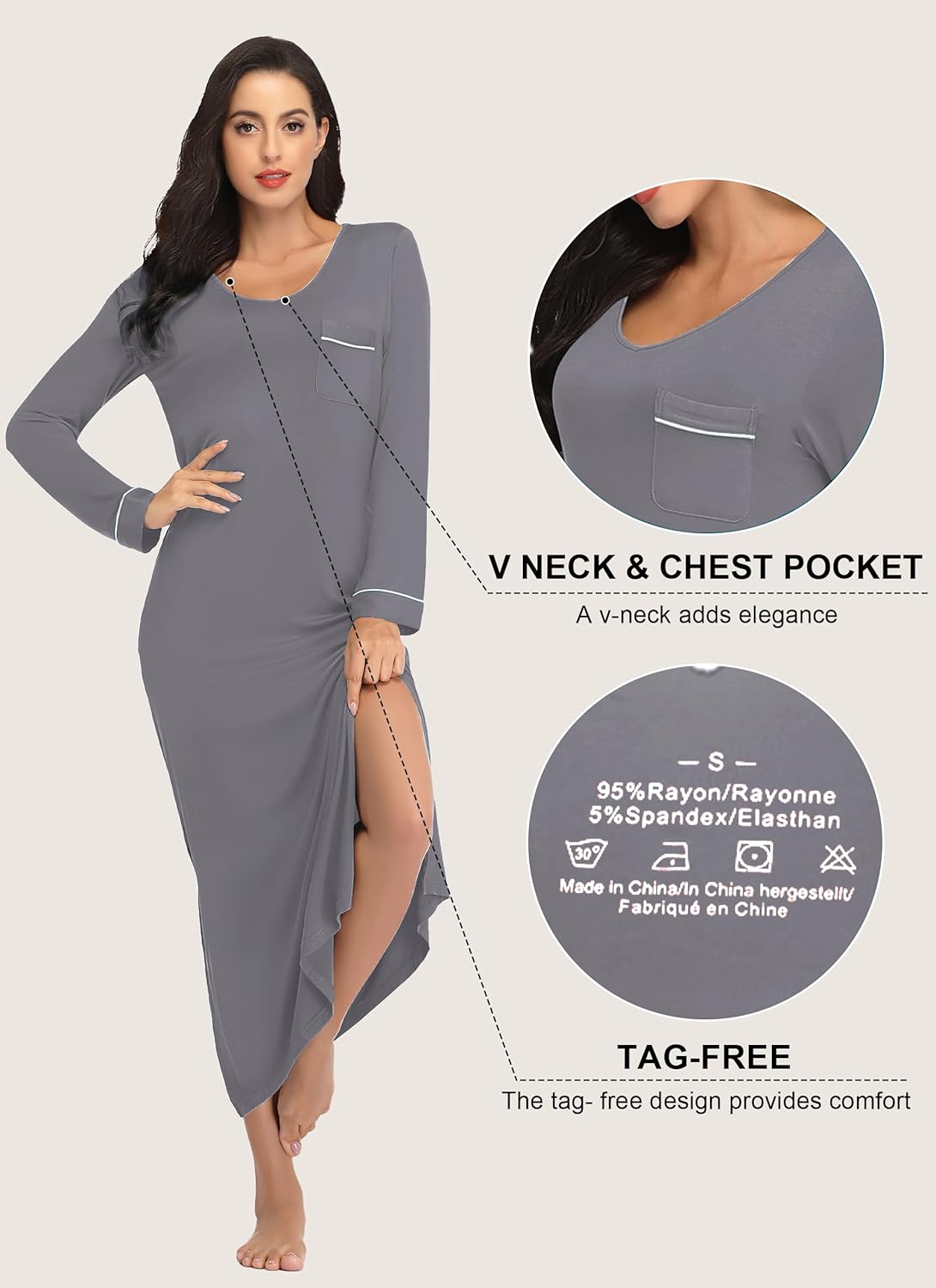 EA'S SECRET Nightgowns for Women Long Sleeve V Neck Nightshirts Soft Knit Sleepwear Full Length Loungewear with Pocket - Image 3