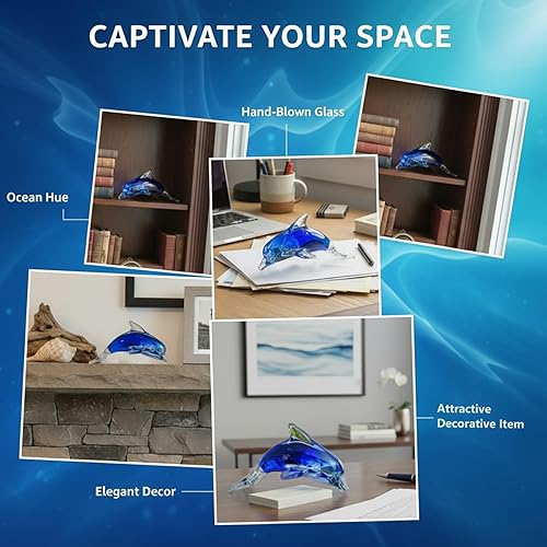 Miniatura 4 de Blue Glass Dolphin Figurine, Handcrafted Crystal Animal Statue for Home Desk Decor and Collectible DisplayHome Decor