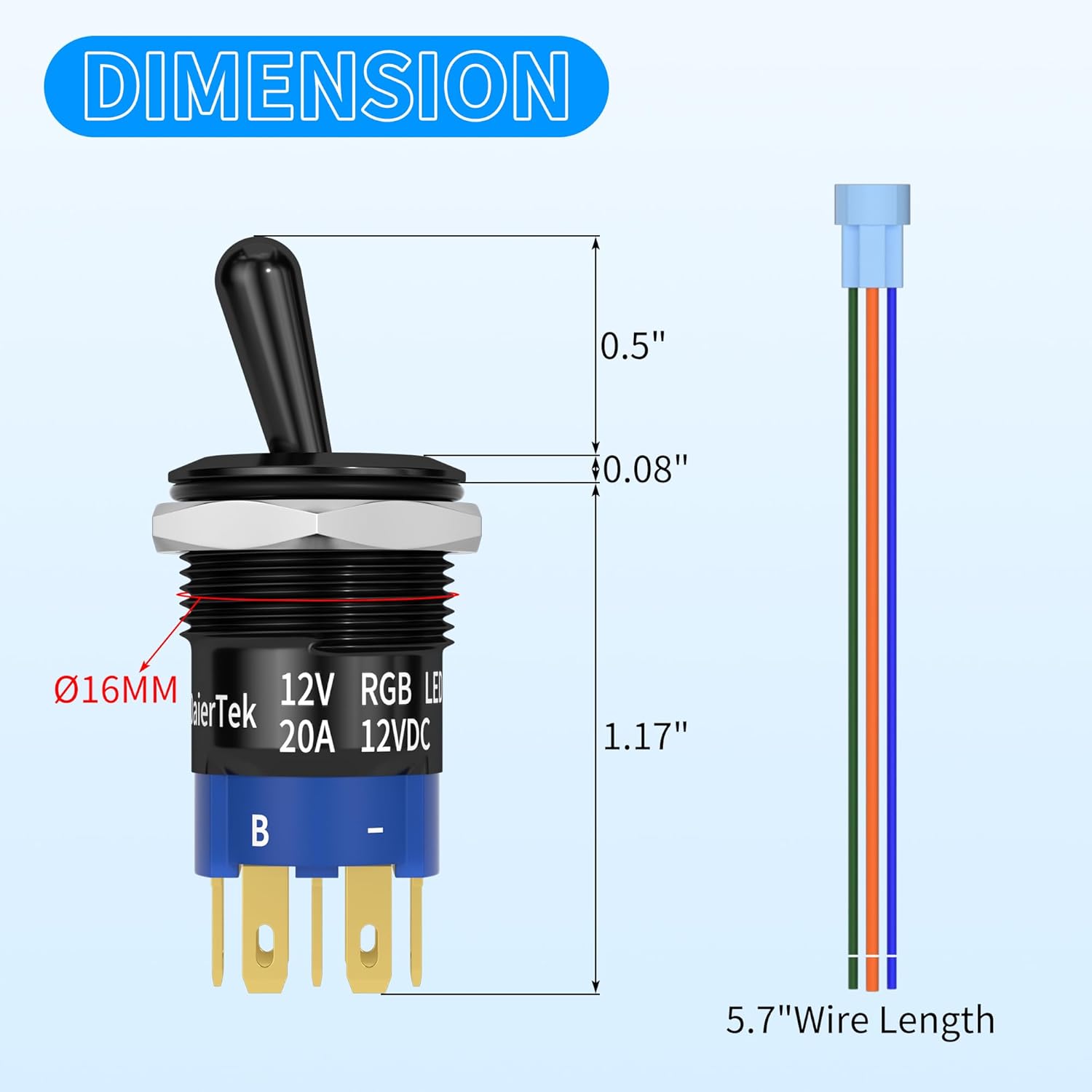 DaierTek 12V Waterproof Lighted Toggle Switch 12V 20A Heavy Duty Metal Toggle Switch 16MM RGB LED Marine Toggle Illuminated for Automotive Boat Car