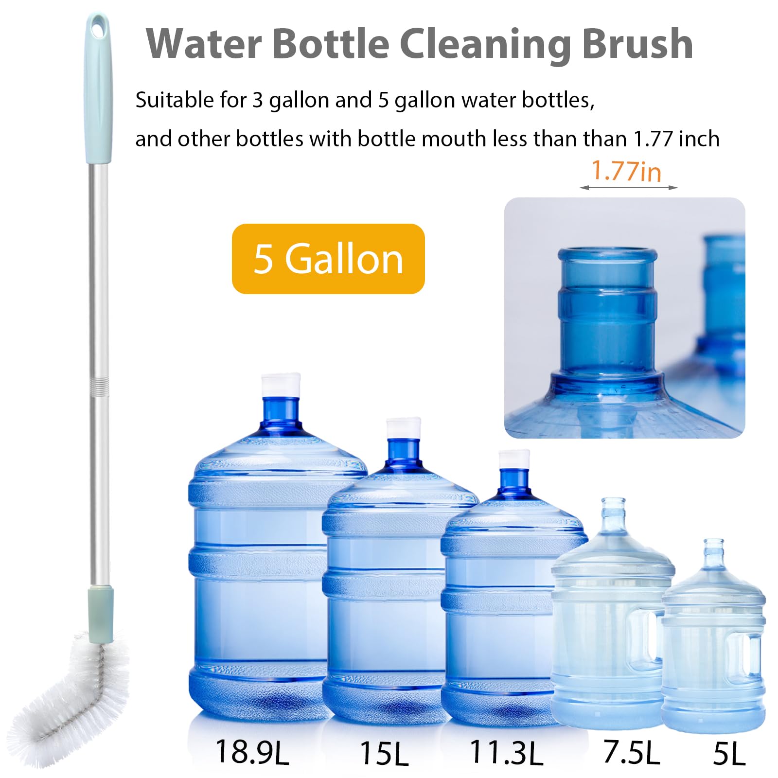 Reinigungsbürste für Wasserflaschen, 2 Stück, 71,1 cm, biegbare Wasserflaschenbürste, lange Nylonborsten mit Edelstahlgriff für 1,9 l und 1,8 l Wassereimer