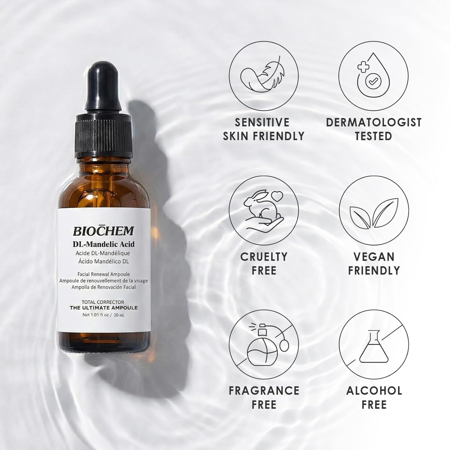 BIOCHEM DL-Mandelic Acid 10% Facial Renewal Ampoule - Gentle AHA Exfoliation Treatment for Discoloration, Dullness, Uneven Skin Tone, Wrinkles, and Fine Lines for All Skin Types - 1.01 Fl. Oz. / 30 mL