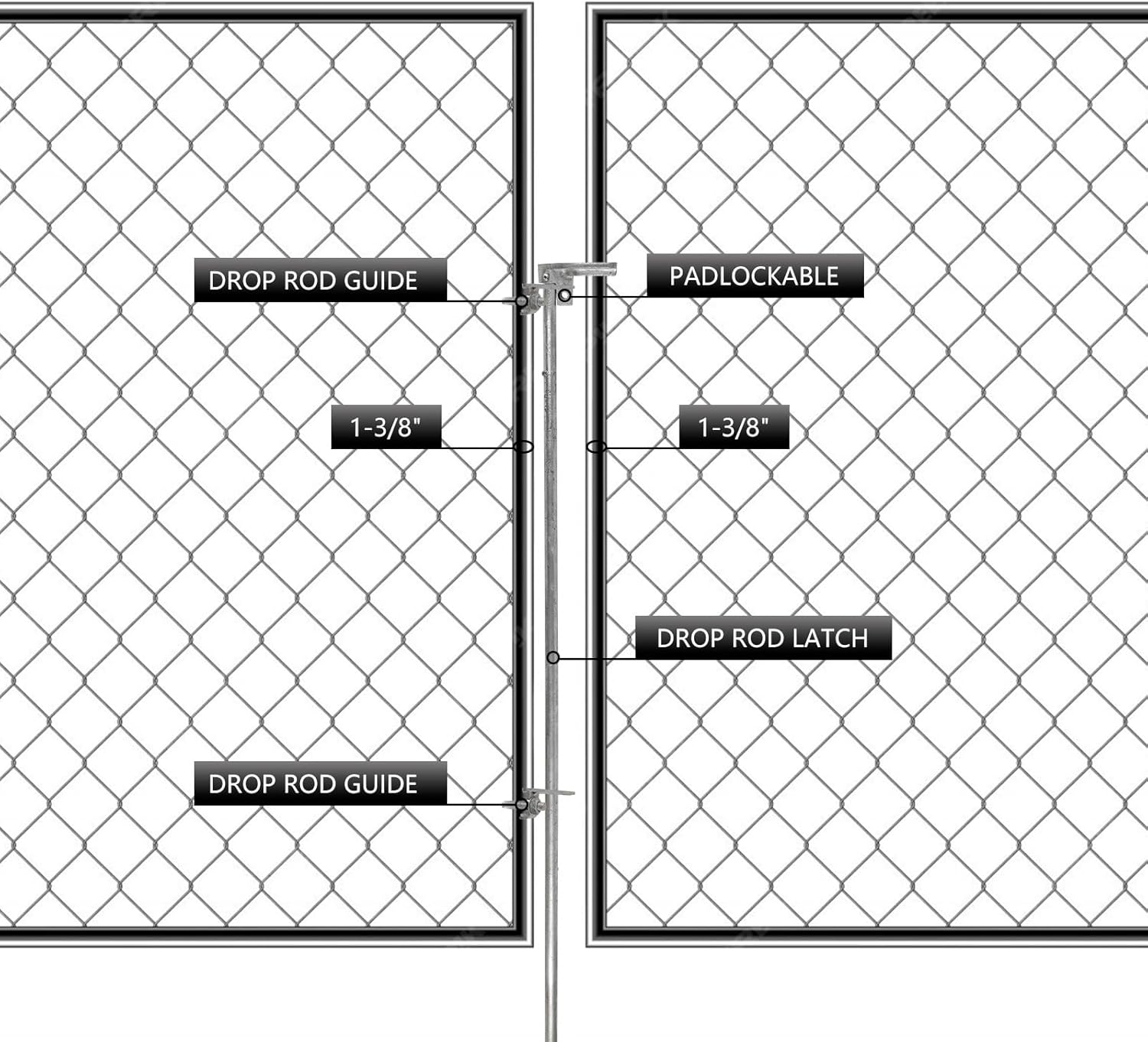 36" Chain Link Drop Rod for Double Gate, Heavy Duty Pull Style Latch for 1-3/8" Chain Link Fence Frame, Rust-Resistant Galvanized Steel Chain Link Fence Gate Latch (36” Long)