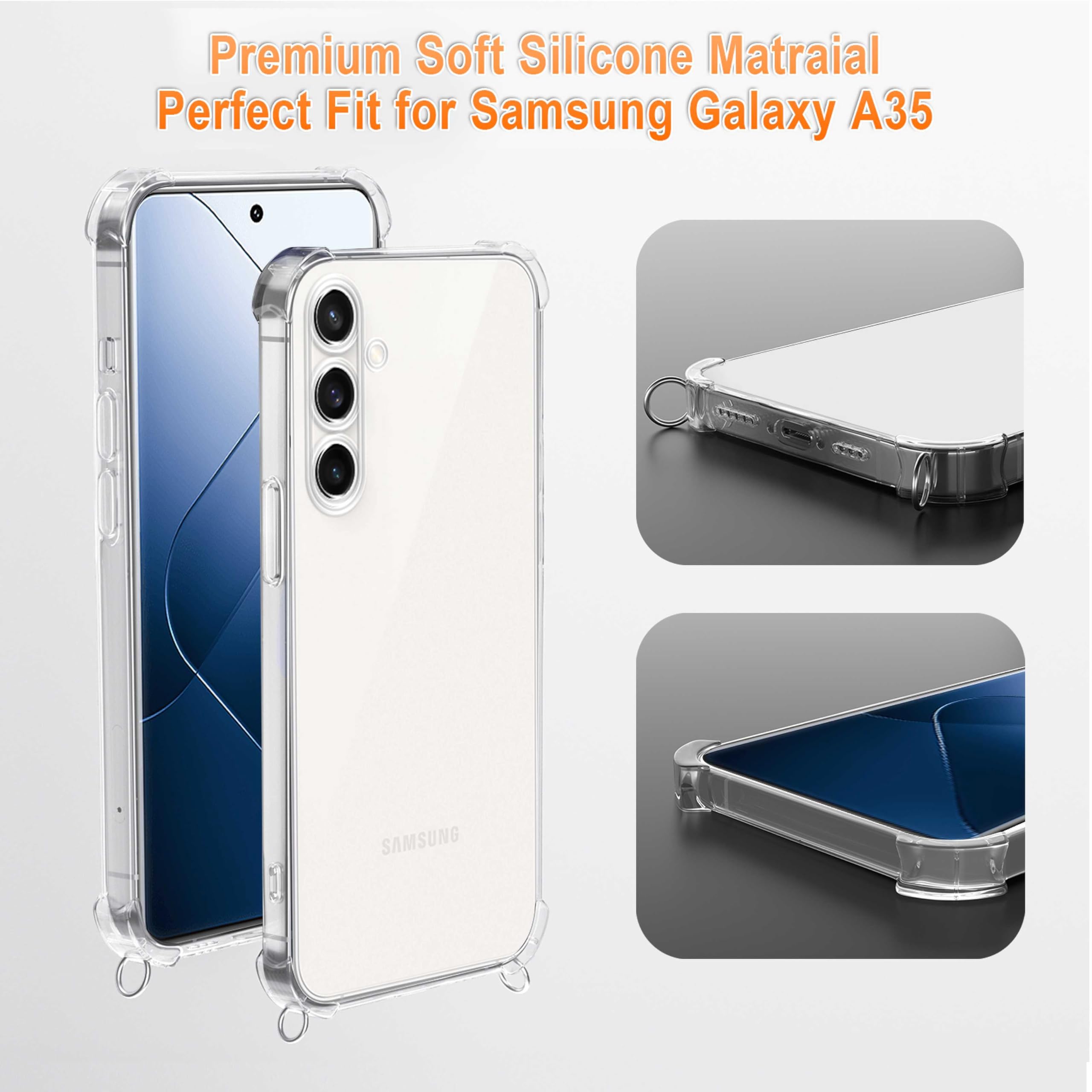 XTCASE Etui ze smyczką na telefon komórkowy Samsung Galaxy A35 5G z paskiem, przezroczyste, silikonowe etui na telefon komórkowy do Samsung Galaxy A35 5G, z łańcuszkiem, odporne na uderzenia etui