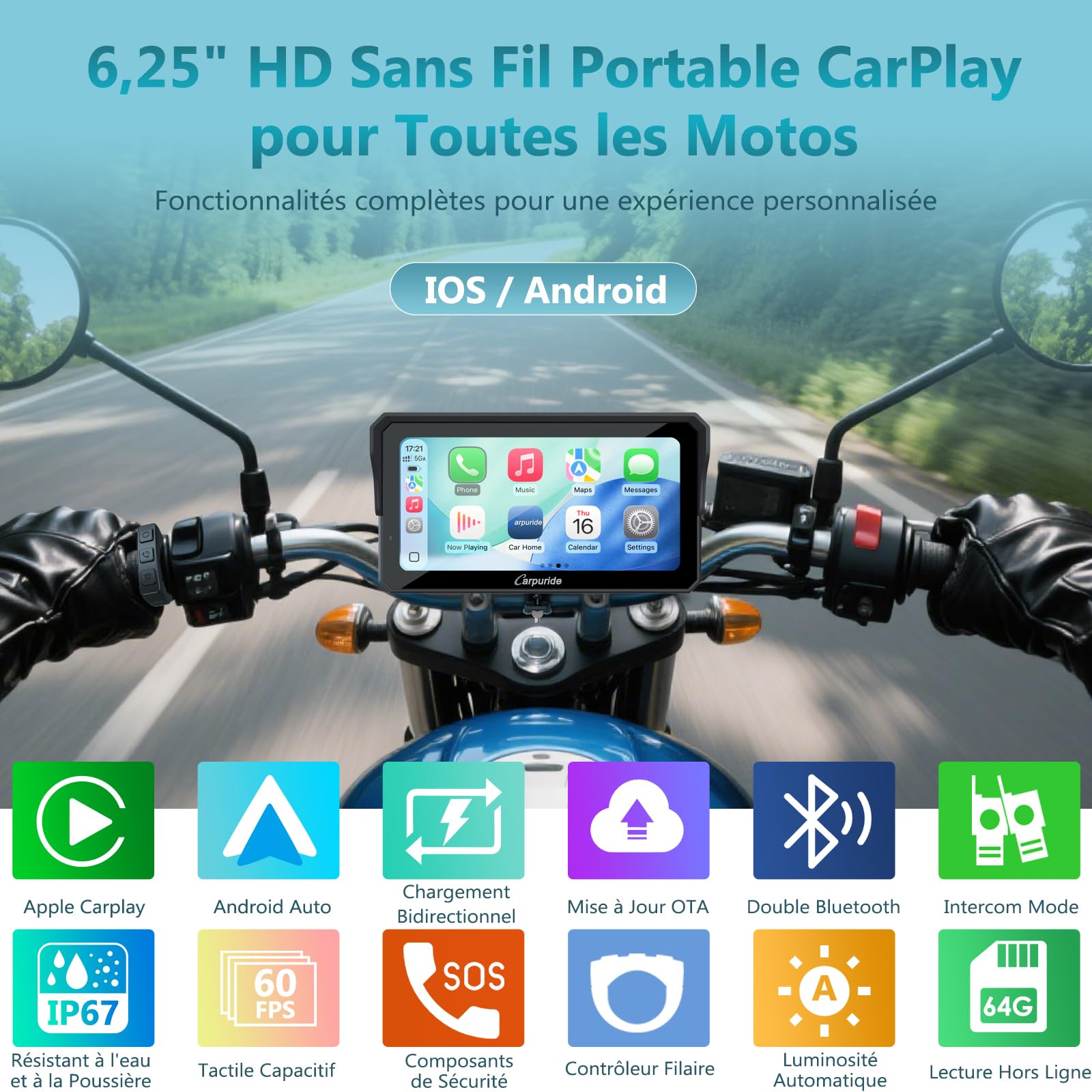 Carpuride W602S Pro Moto CarPlay Écran avec BM05 pour Plug-and-Play, Sans Fil CarPlay & Android Auto, 6,25" Étanche Tactile Écran, OTA, Double Bluetooth, Interphone Fonction, Filaire Contrôleur, Navi.