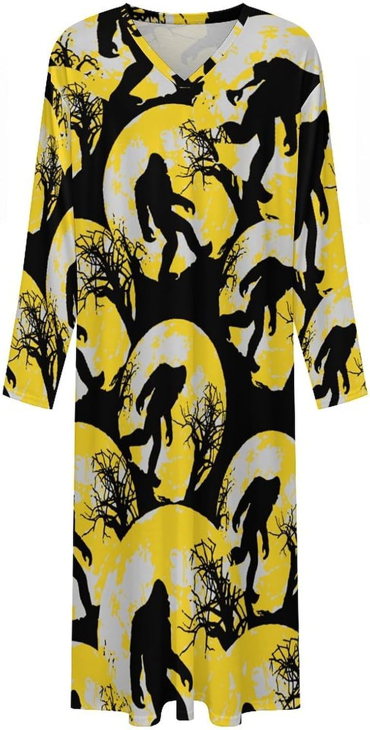 Bigfoot Sasquatch Full Moon Men's Kaftan Thobe Long Sleeve Robe V Neck Casual Gown