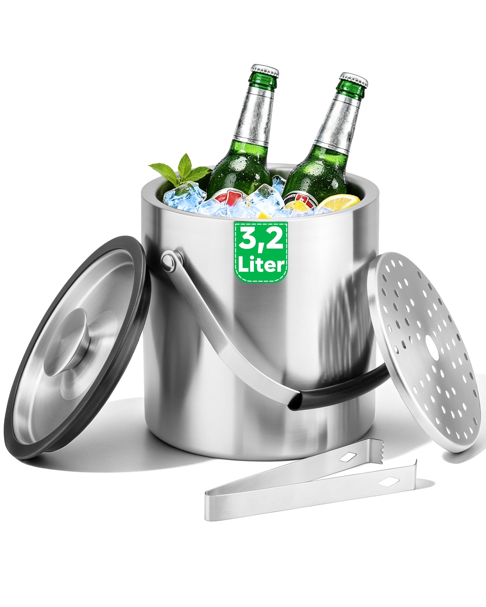 Fire More 3,2L Eiswürfelbehälter, Eiskübel Edelstahl mit Deckel, Clips und Sieb, Tragbar Eisbehälter von Bier, Champagner für Partys, Bar und Camping