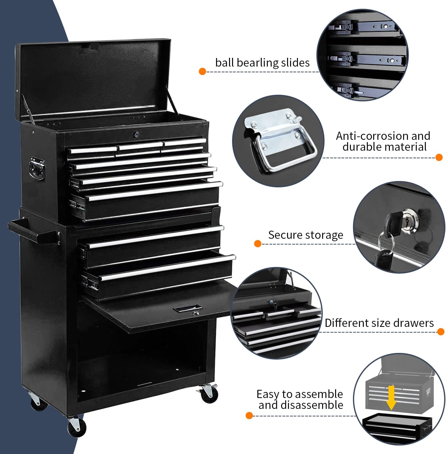 8-Drawer High Capacity Tool Chest, Rolling Tool Box with Lock, Tool Box on 4 Wheels with Sliding Drawers, Tool Storage Cabinet Removable Portable Box for Garage Warehouse New(Black) : Everything Else