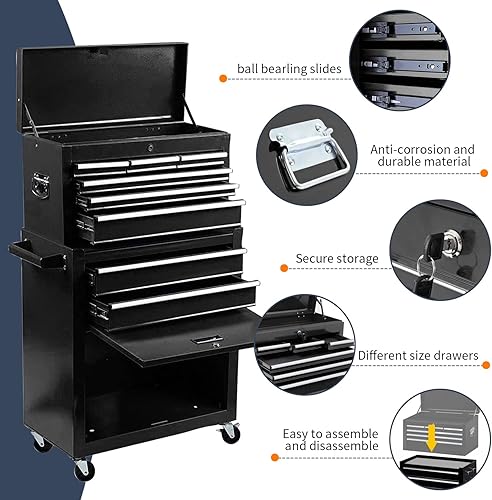 Miniatura 5 de Cofre de herramientas de alta capacidad con ruedas de 8 cajones, caja de herramientas extraíble para almacenamiento de herramientas grande, armario
