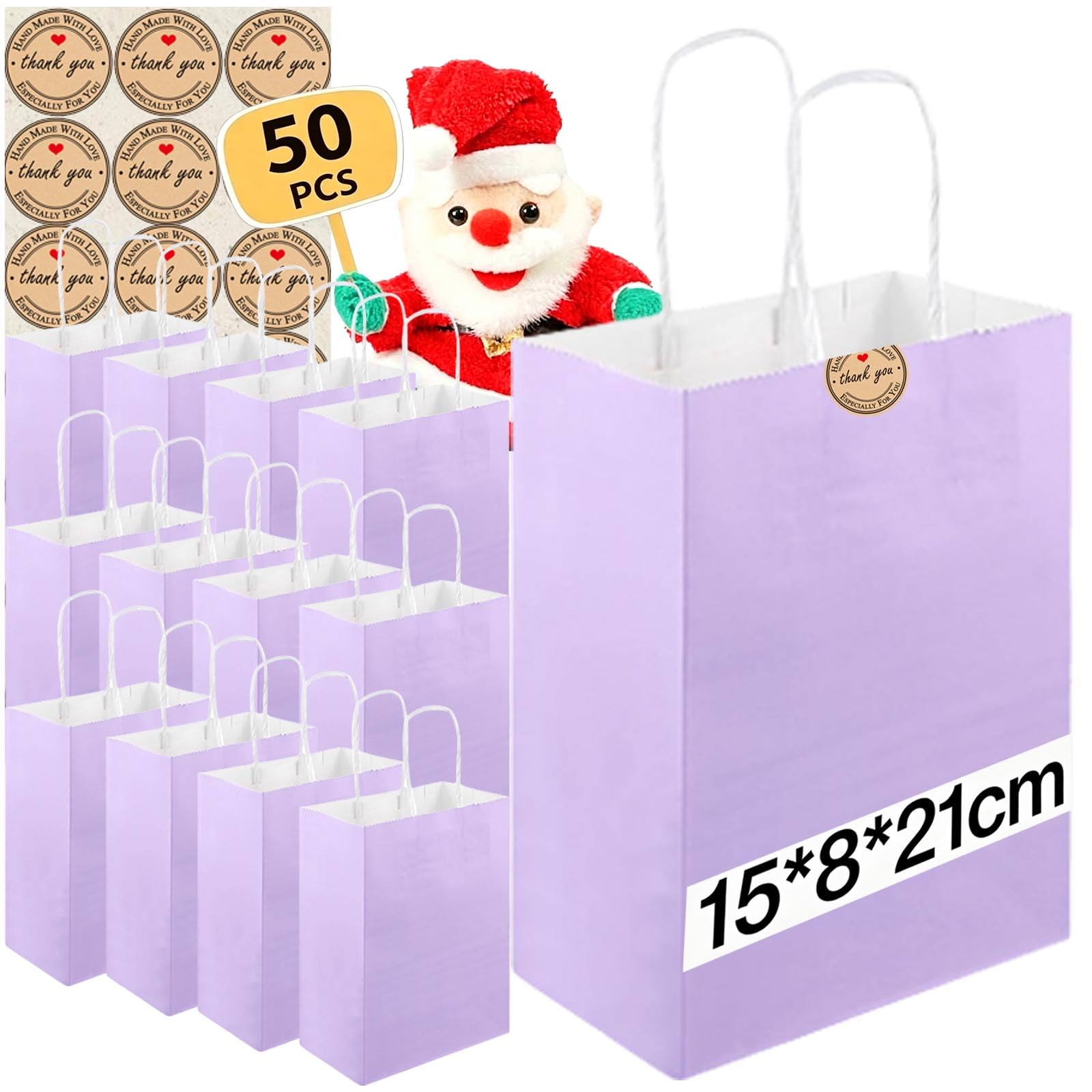 50Pcs Small Paper Bags With Handles, Paper Gift Bags (21x15x8cm), 130GMS Thicken Kraft bags Party Favor Shopping includes lables for Favor Birthday Party Wedding Shopping Retail (50PCS-Purple)