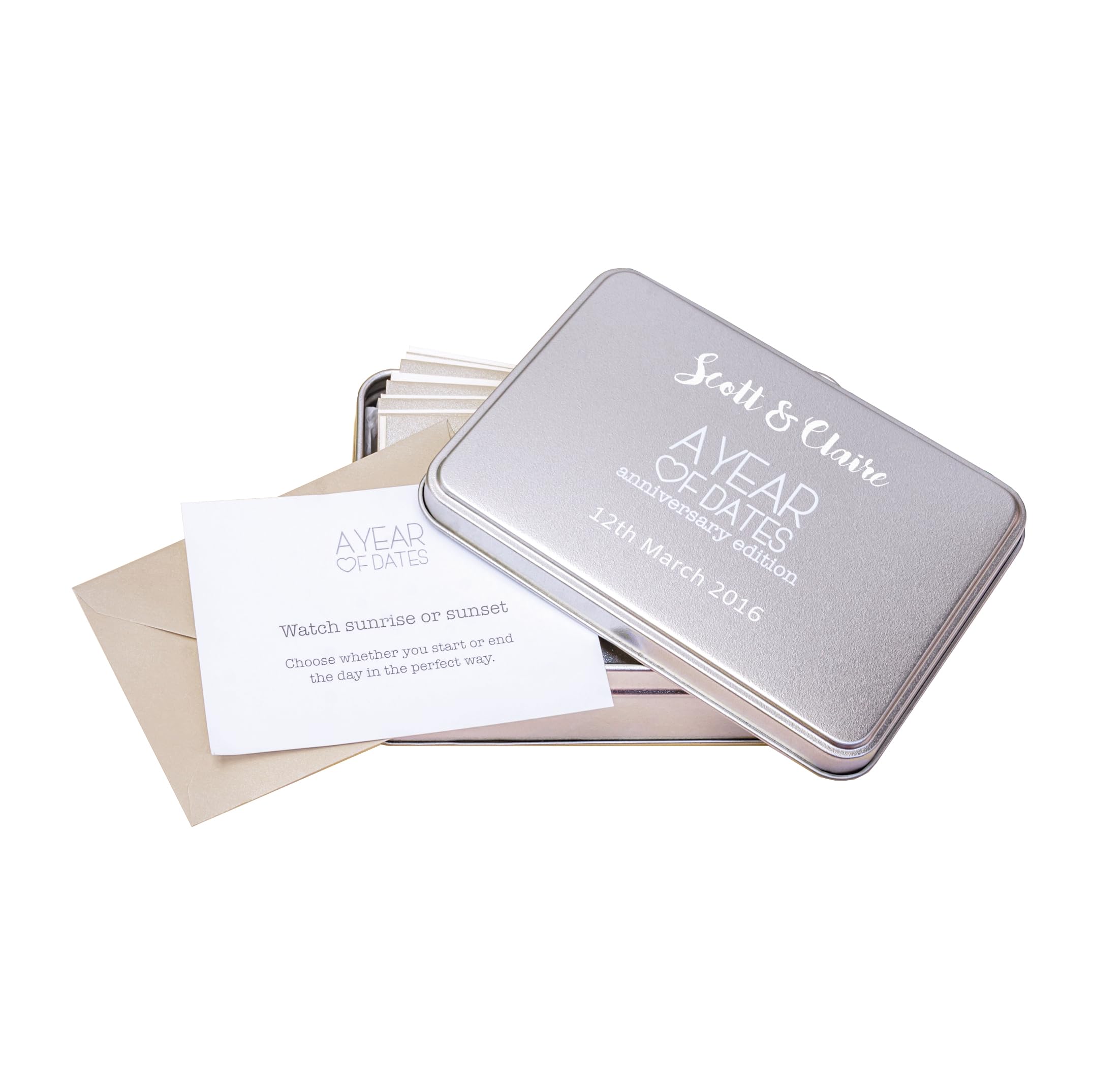 Personalised A Year of Dates Monthly Dates Tin - Ideal 10th Wedding Anniversary Tin Gifts for Couples - Gifts for Couples Unique Keepsake & 12 Monthly Date Cards - Anniversaries, Birthdays, Valentines