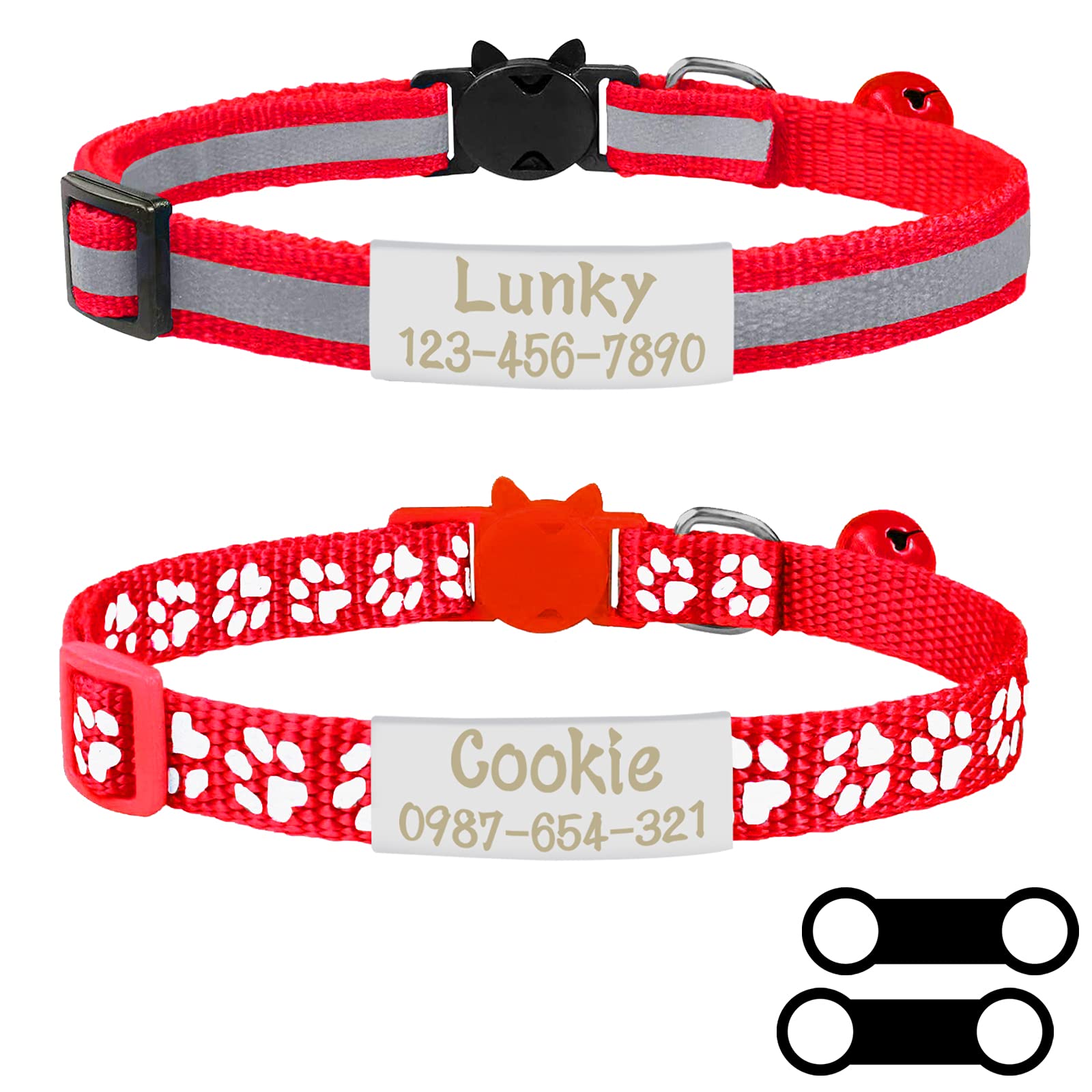Uiopa 2pcs Anti-choke Cat Collar + 2pcs Engraved Dog Tag Necklace, Personalized Cat Collar with Bells and Secure Quick Release Buckle, Adjustable Small Dog Collar 19-32cm (Red)