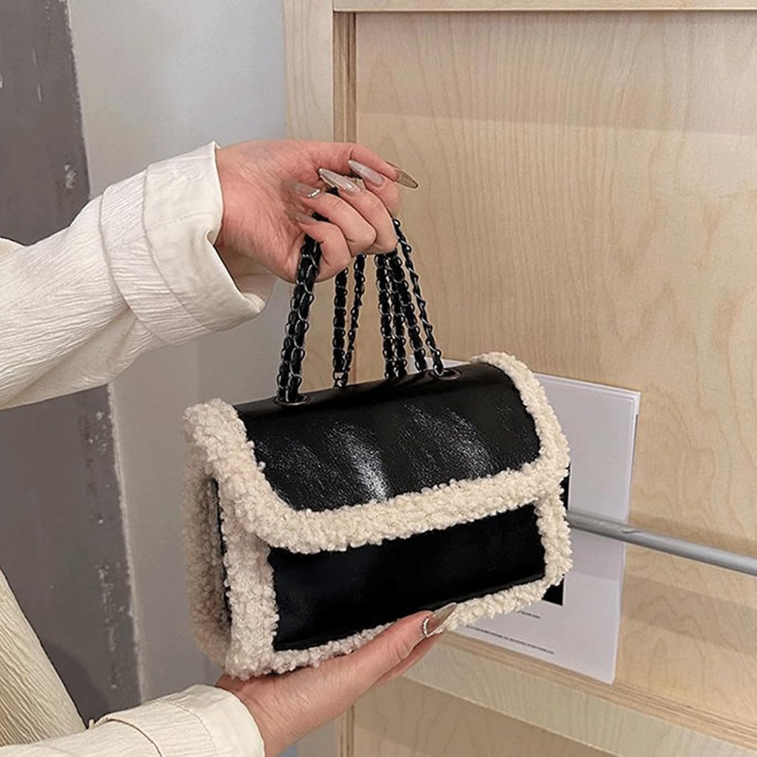 Fur Purse Fur Trim Purse Sherpa Fleece Fluffy Shoulder Bag Small Furry Fuzzy Soft Winter Fall Flap Handbag - Image 6