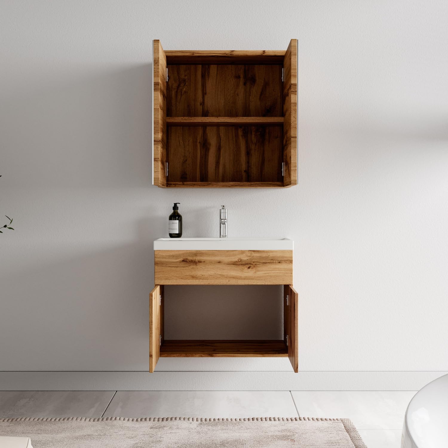 Badplaats Badmöbel Komplettset Montreal 60 x 35 cm Eiche - Badezimmermöbel mit Waschbecken und Spiegelschrank