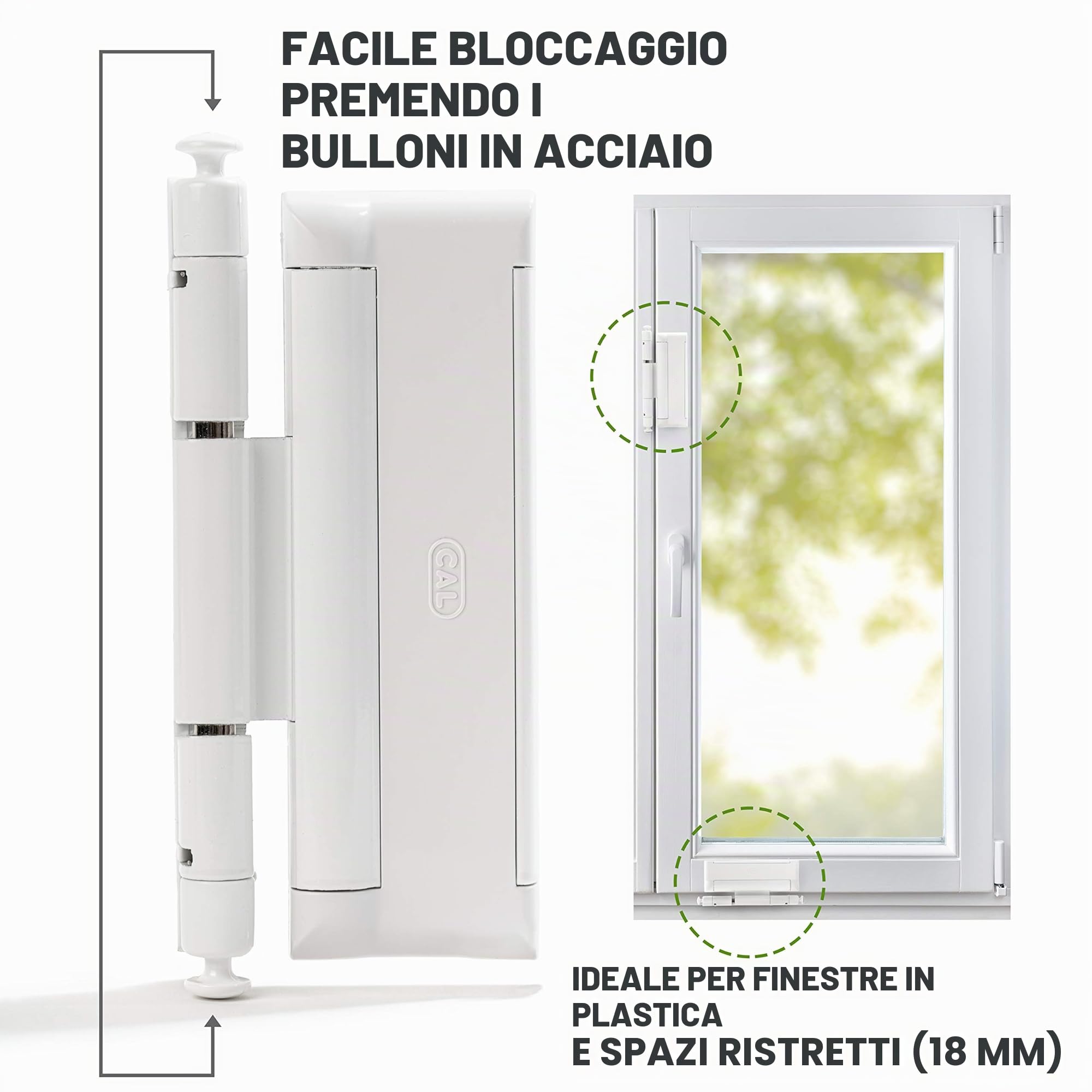 Cal Doublex XL - Blocco di sicurezza antifurto per finestre, sicurezza per porte e finestre - Con 2 cerniere in acciaio