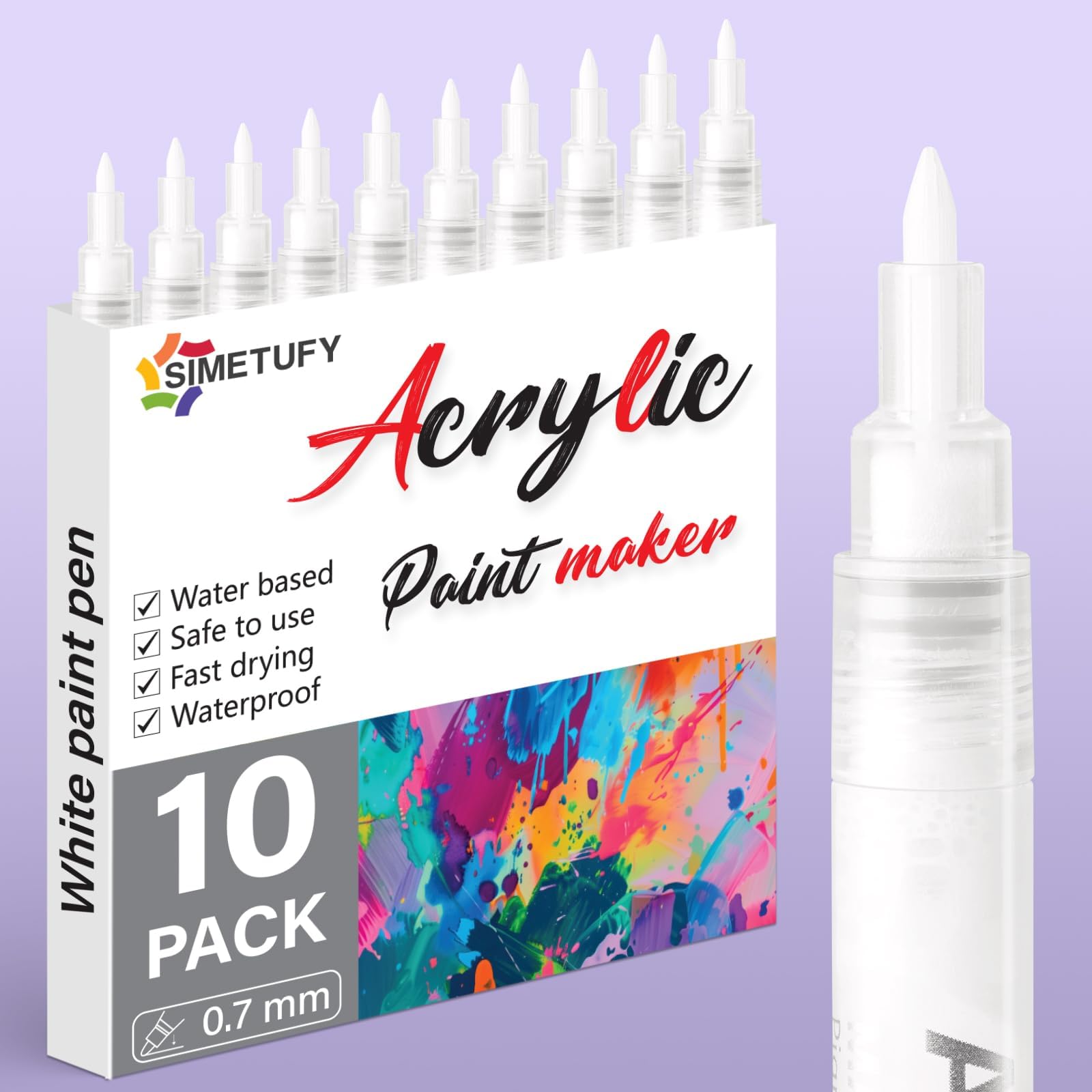 Simetufy 10 Pack White Paint Pen, 0.7mm Fine Tip Acrylic White Permanent Marker, White Marker for Rock Painting Ceramic Wood Glass Tire Plastic, White Paint Marker for Craft office Supplies