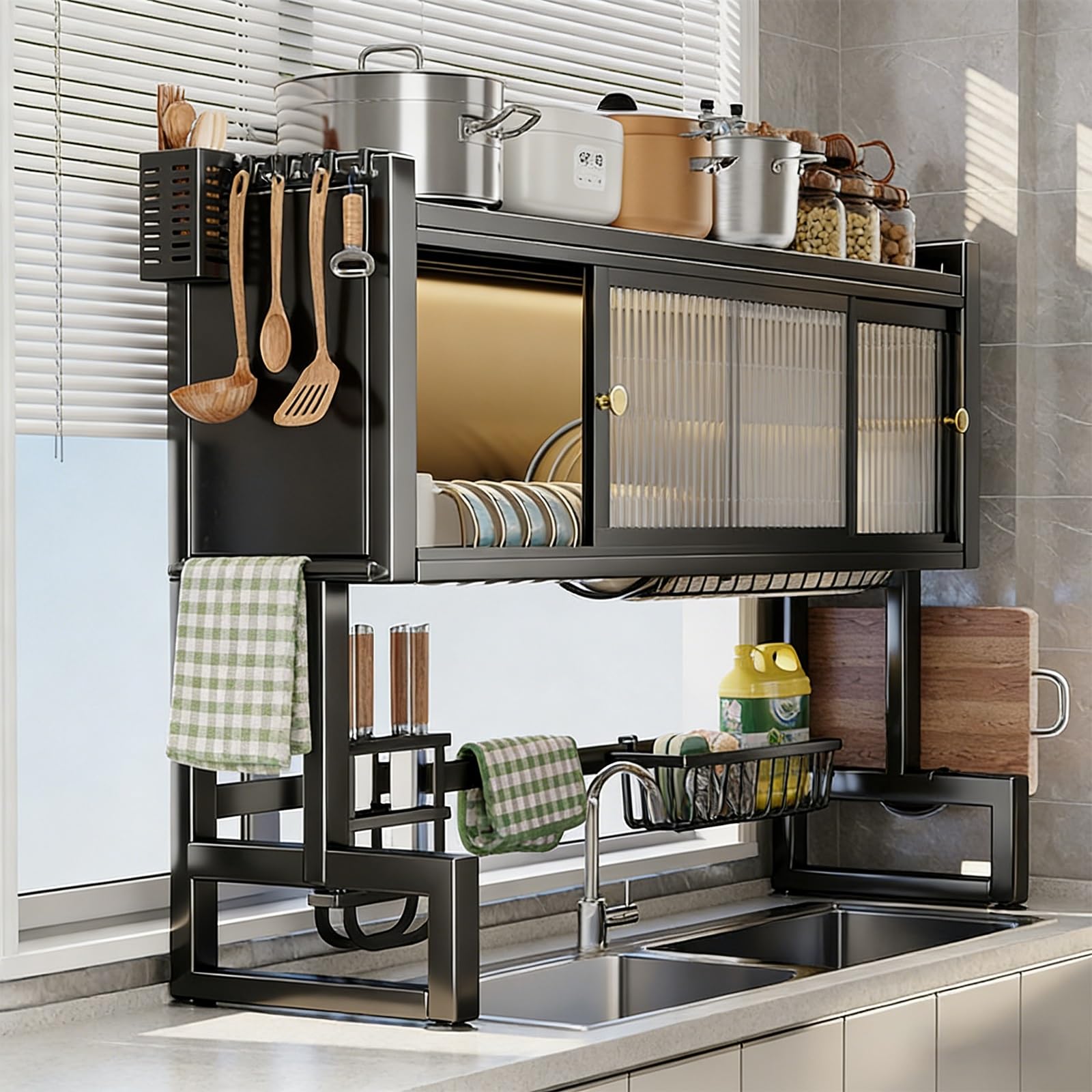 THNSAWX Over Sink Dish Drying Rack with Cover, Storage Kitchen Sink Organize Stand with Acrylic Sliding Door, Metal Dishes Drainer Racks for Kitchen Counter(85cm/33.4in)