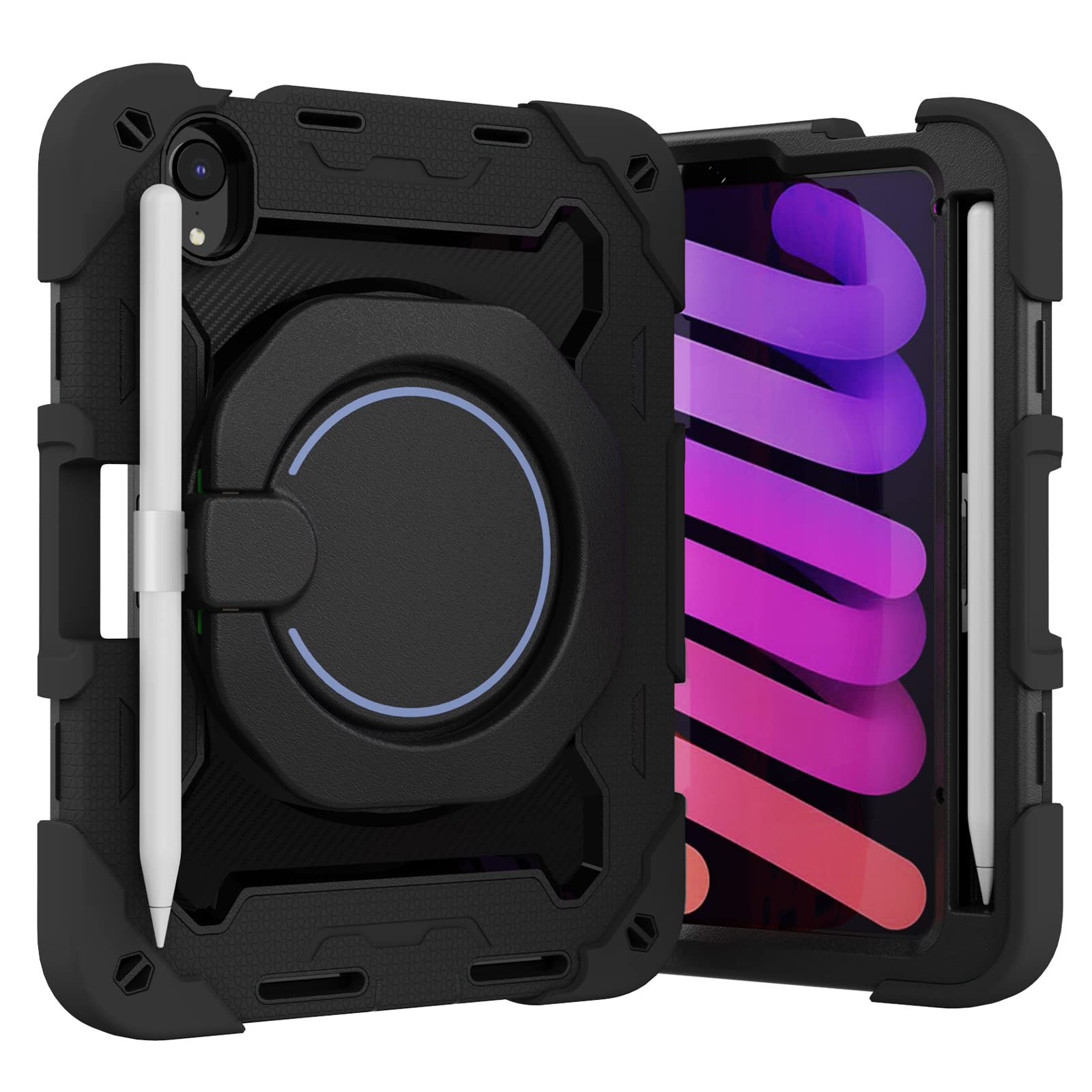 360°回転 iPad Mini7 (A17 Pro)/mini6 ケース緃置き 耐衝撃 肩ショルダー付き スタンド ペン 収納 iPad mini 第6/7世代 8.3インチ シリコン ハード 防塵 かわいい アイパッドカバー キッズ 子供 アイパッドミニ6 ミニ7カバー 回転 丈夫 頑丈 片手仕事用 ハード, ブラック