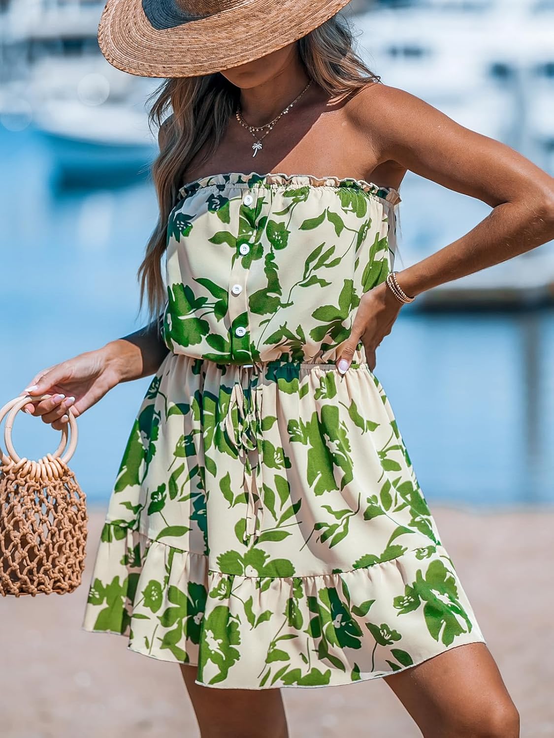 CUPSHE Women Floral Mini Summer Dress Tiered Ruffle Tube Front Button Elastic Waist Tie Casual Holiday Beach Dresses - Image 4