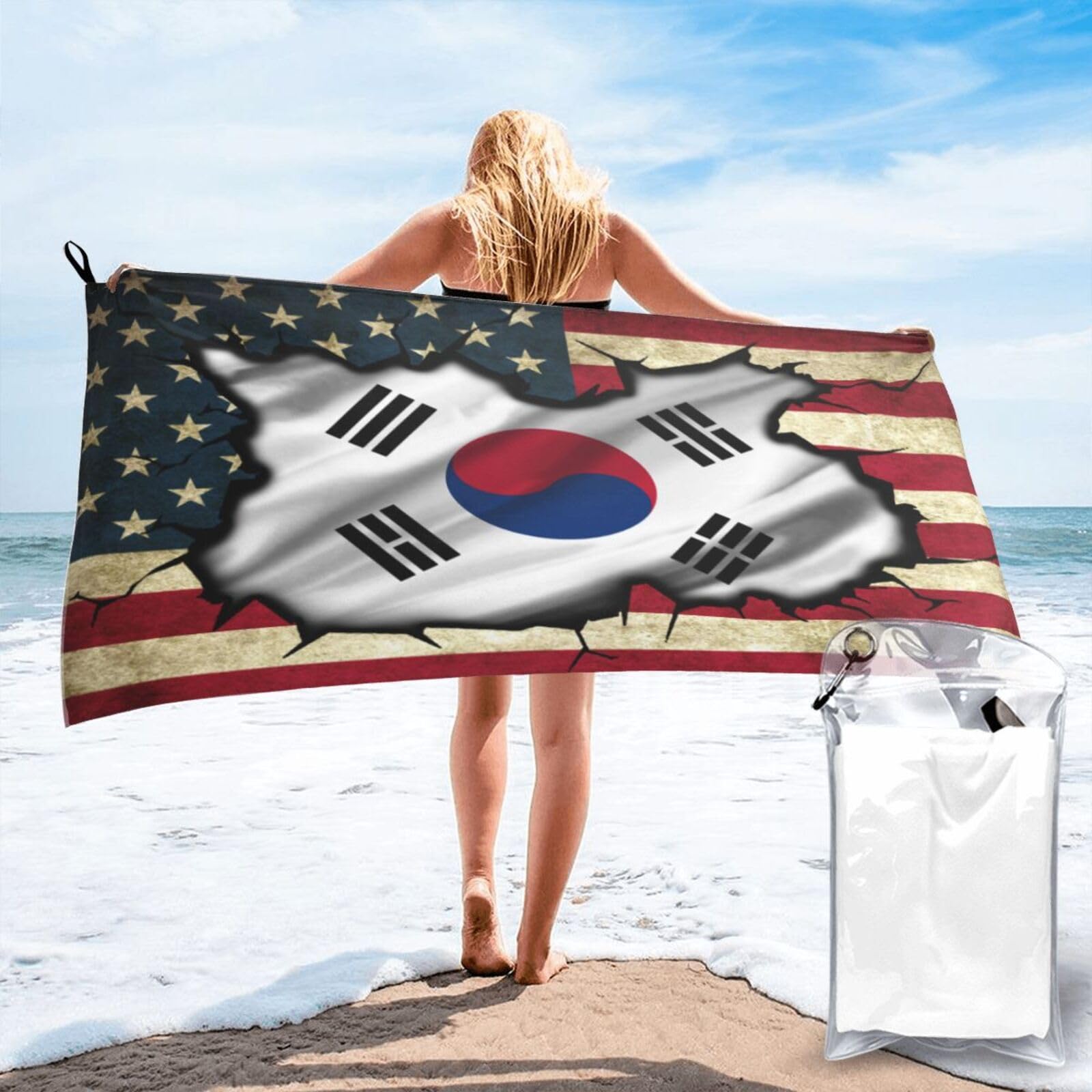 HACXZ Vintage America Flag and South Korea Flag Absorbent Beach Towel Microfiber Beach Towel Lightweight 27.5"X55"