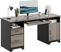 Bestier 59" Executive Desk Gray: 2 Drawers, File Cabinet, Keyboard Tray, Storage Pedestals - Industrial Home Office Computer Desk