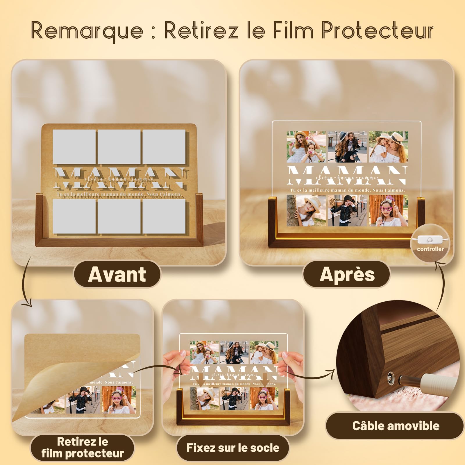 Anywin Cadeaux Pour Maman, Cadeaux Pour Maman Mignons Avec Base En Bois Et Lumière Chaude Pour La Décoration De Chambre, Cadeaux Pour Maman Pour Anniversaire, Noël, Fête Des Mères, Thanksgiving
