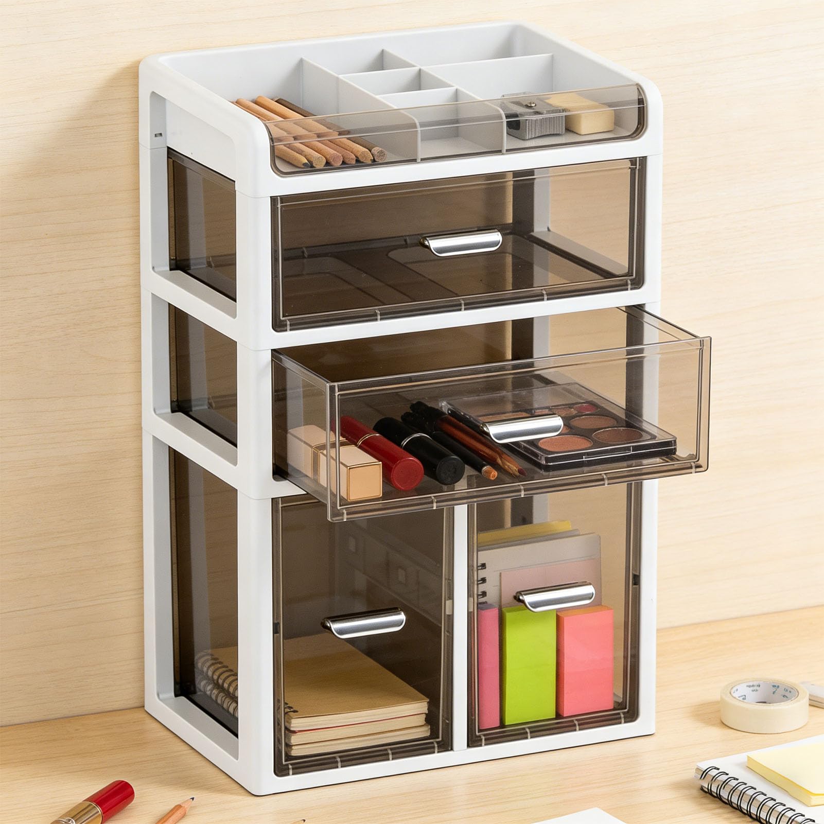 Organizer da Scrivania Multifunzionale con Cassetti Trasparenti Elegante Scatola Portaoggetti per Ufficio e Studio 11,8 X 7,9 X 19,1 Pollici (#1)