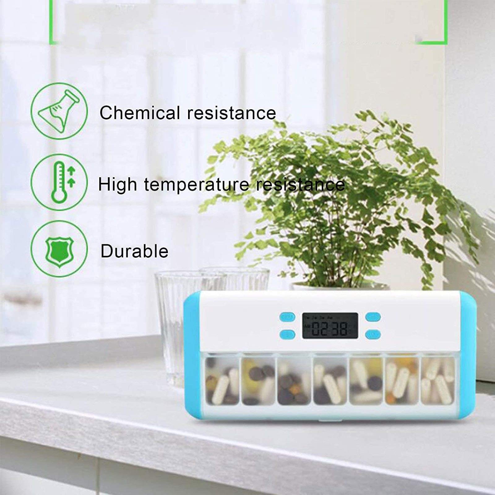 RDJSHOP Promemoria Portapillole con Allarme Portapillole Settimanale, Essenziale per i Malati di Parkinson, Dispenser Portapillole con 7 Scomparti,Blue