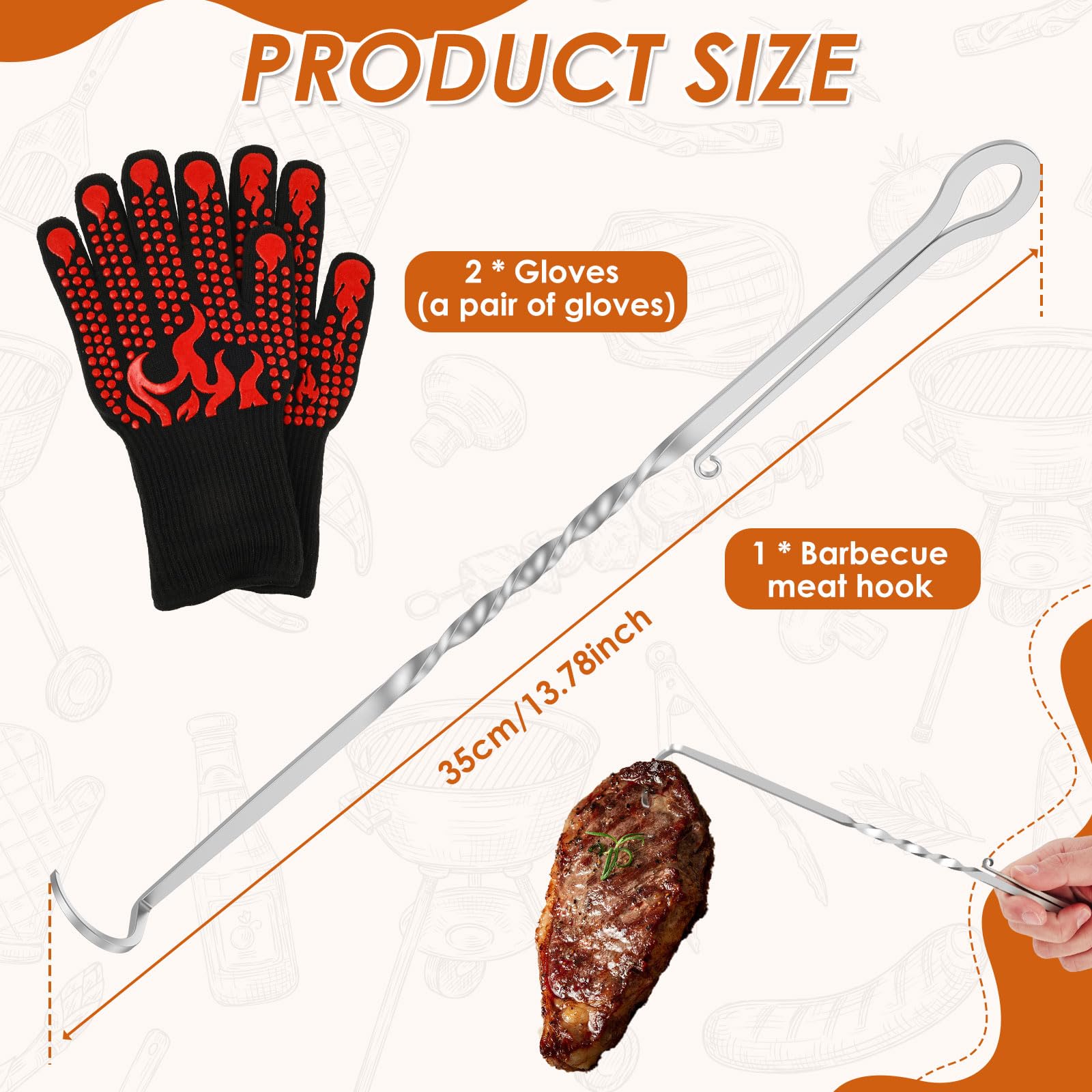 BBQ Meat Hook Flipper with Glove, Stainless Steel Pigtail Food Flipper, Pig Tail Meat Flippers, Heat Resistant BBQ Meat Hook, Heavy Duty BBQ Food Turner, Flipping Vegetables and Meat Great Tool