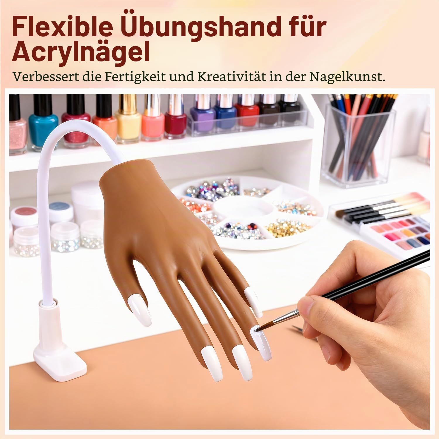Acryl Nagel Set mit Übungshand & 100 Ersatznägeln – Profi Nail Art Kit für künstliche Nägel, Nagelverlängerung, Acrylpulver, Pinsel, Rhinestones & Silikon Übungspad für Anfänger