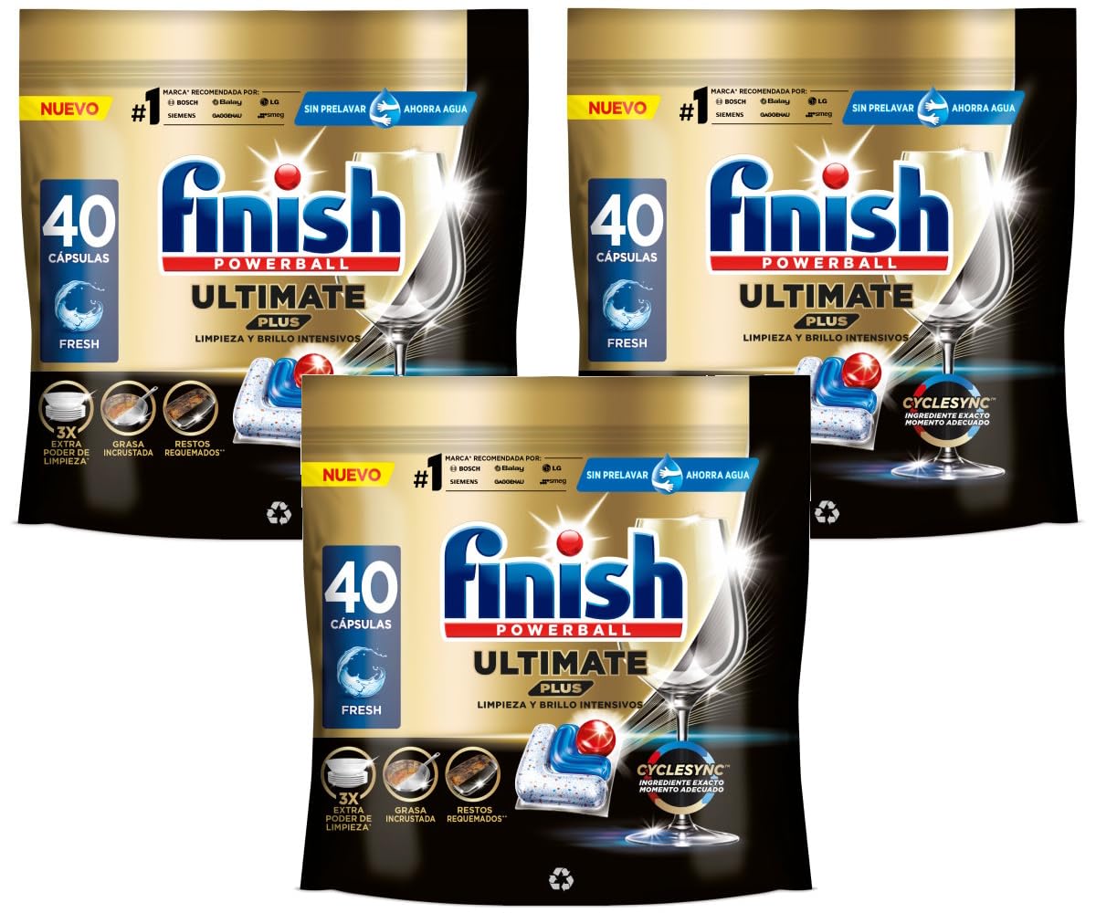Finish Powerball Ultimate Plus All in 1, pastillas para el lavavajillas, tecnología Cyclesync, limpieza intensiva y brillo diamante, 120 pastillas (3x40 pastillas)