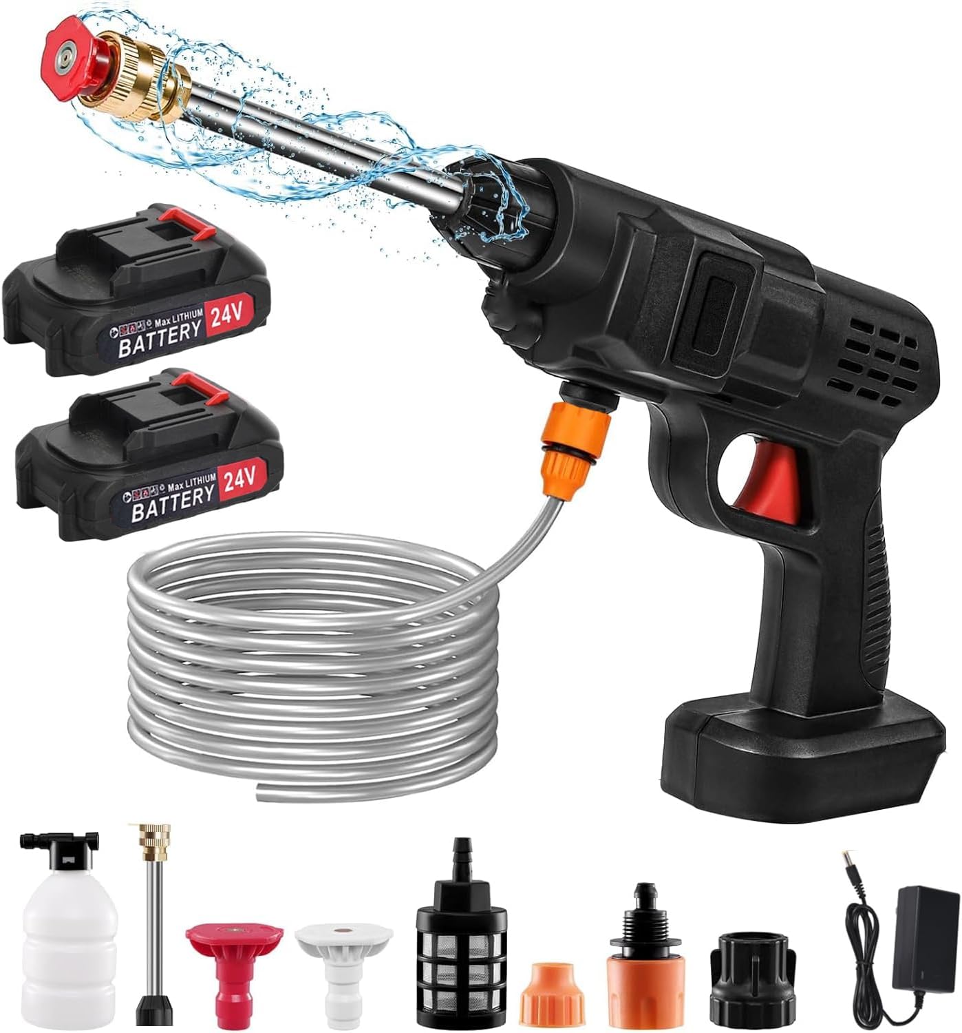 Cordless Pressure Washer Guns: 1000 PSI Portable Electric Washer for Vehicle, Driveway & Deck - Ergonomic Handle Design with 30min Runtime & 2 Nozzle Black