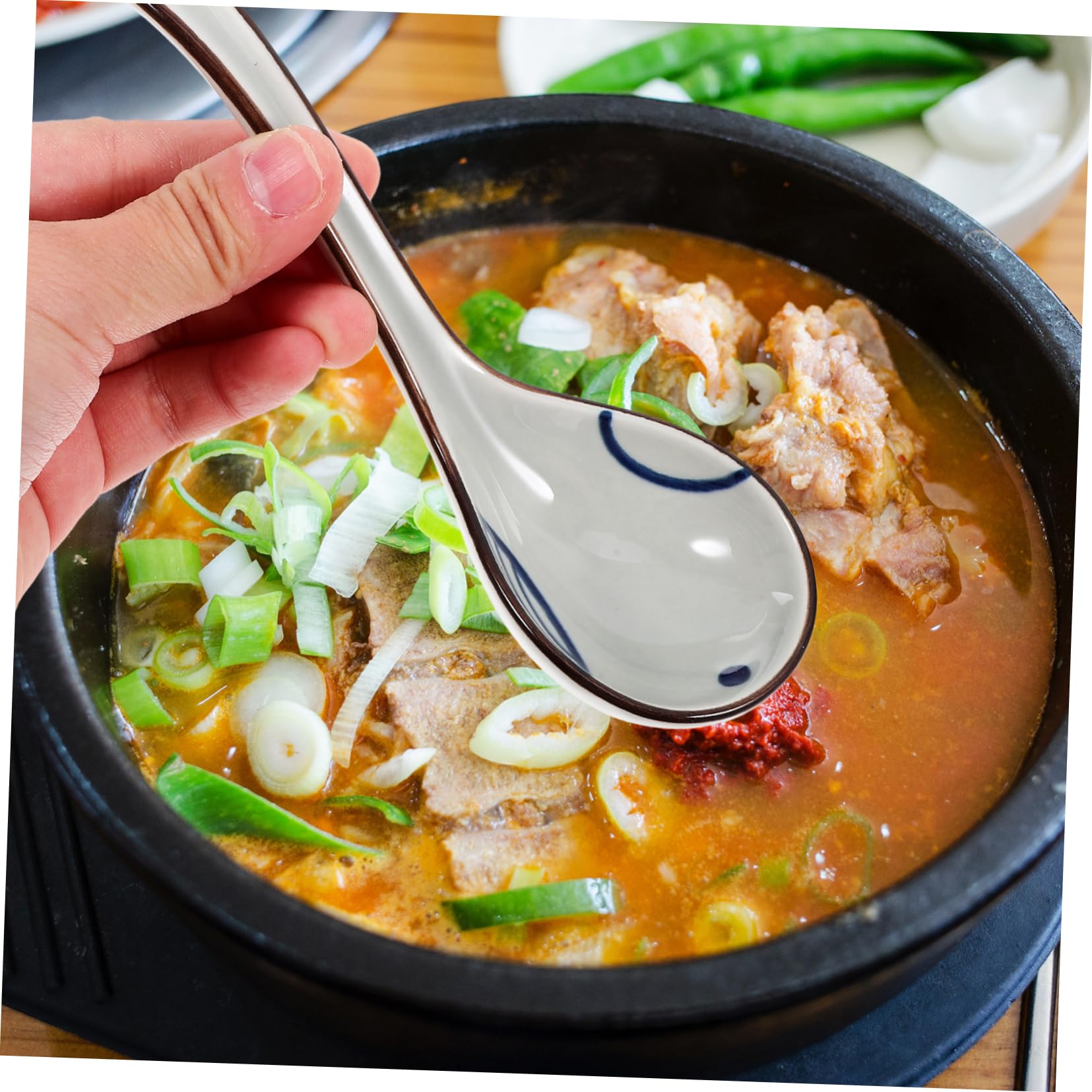 6 Stück Suppenlöffel aus Keramik Langstielig für Suppe oder Knödel Asiatischer Spoon mit Klassischem Muster