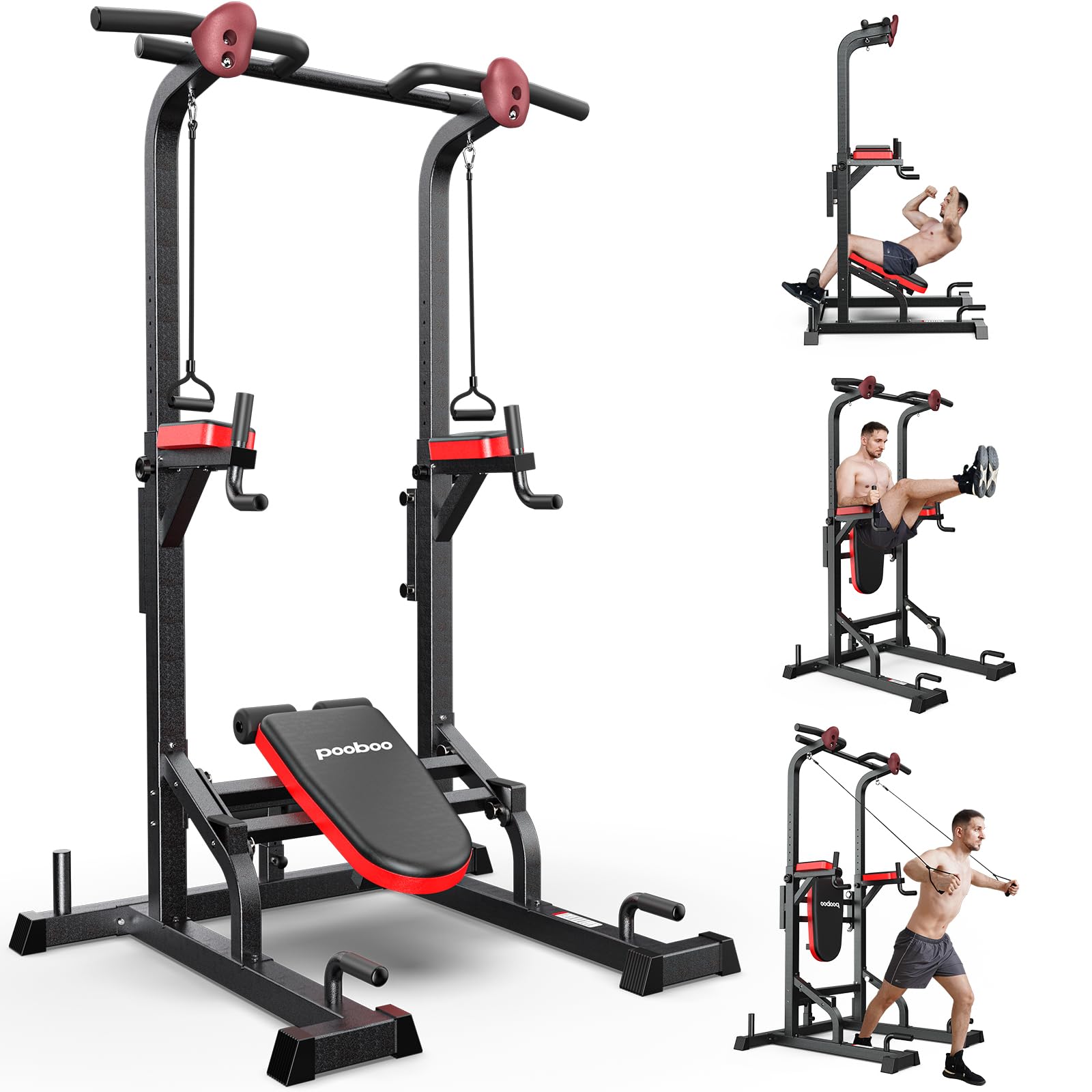 Pooboo Power Tower Dip Station Klimmzugstange für Fitness-Heimtraining, multifunktionales, höhenverstellbares Krafttrainingsgerät mit elastischen Seilen